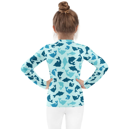 Kids Blue Dolphin Long Sleeve Rash Guard Swim Shirt With UPF 50+