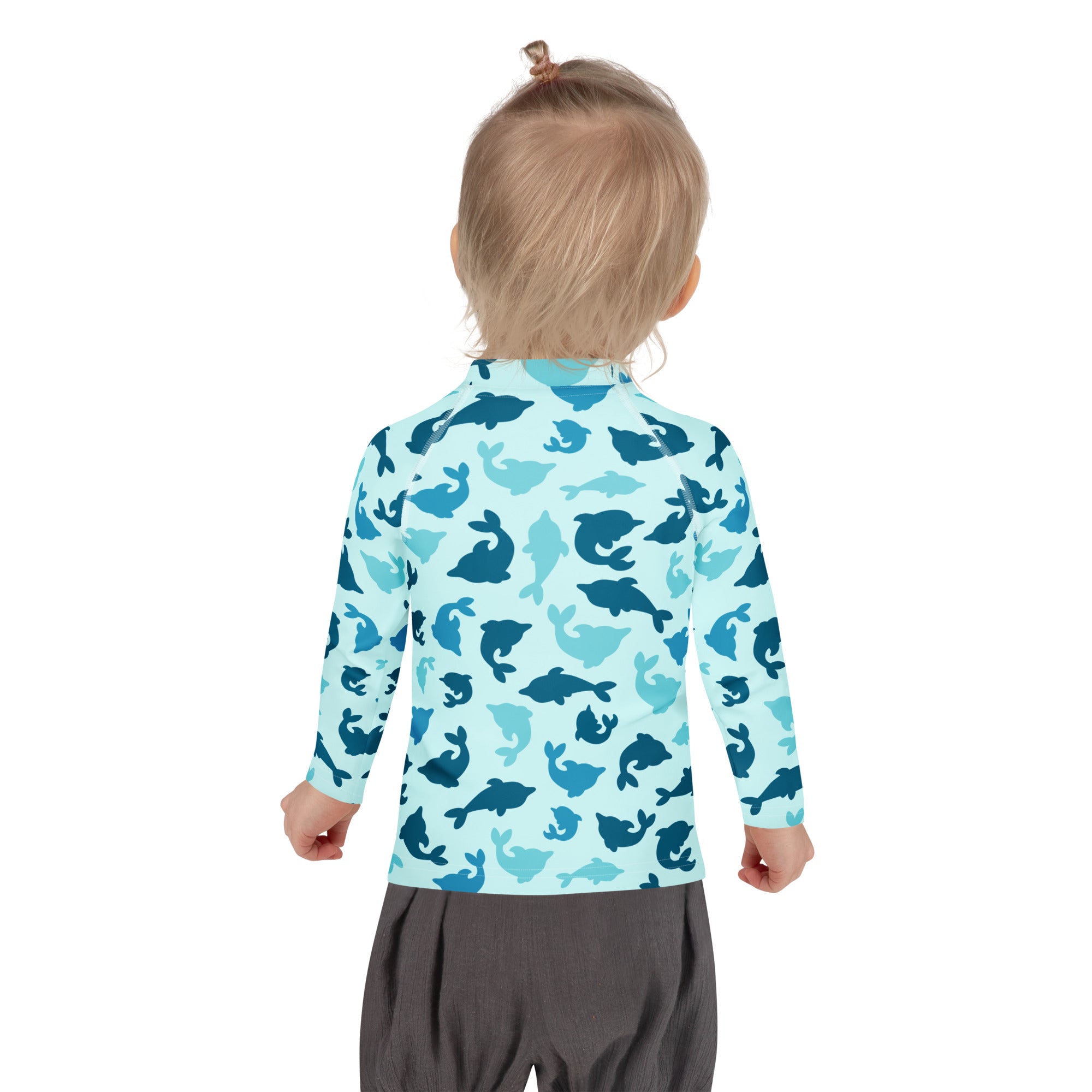 Kids blue dolphin long sleeve rash guard swim shirt with upf 50+ featuring playful dark and medium blue dolphin silhouettes