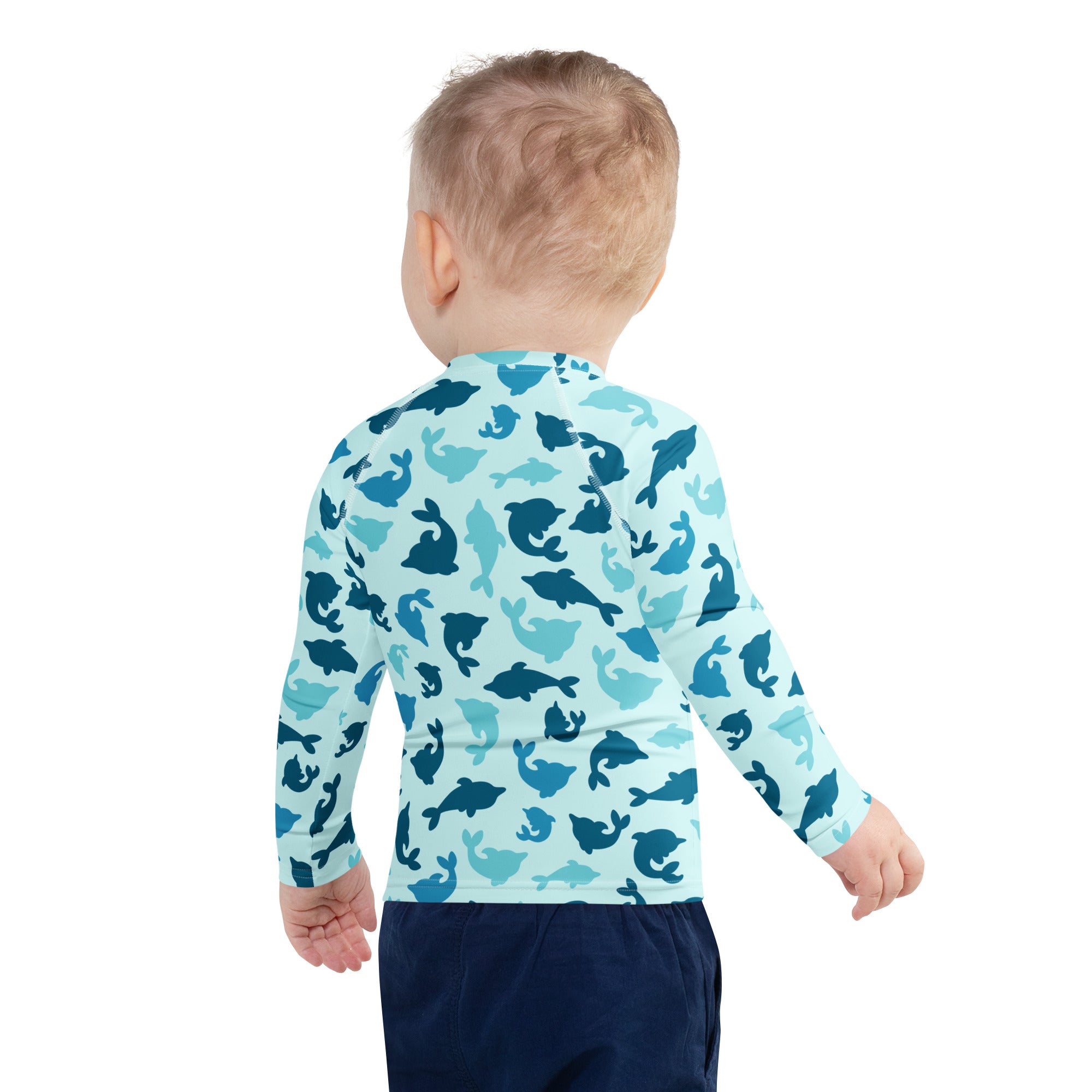 Kids blue dolphin long sleeve rash guard swim shirt with upf 50 plus featuring a playful blue whale pattern