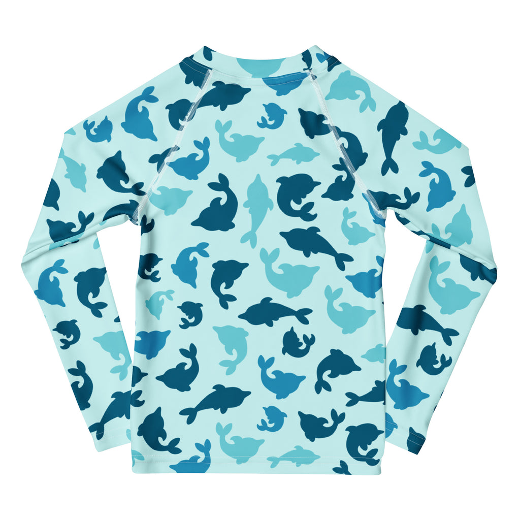 Kids blue dolphin long sleeve rash guard swim shirt with UPF 50 plus featuring playful dolphin pattern