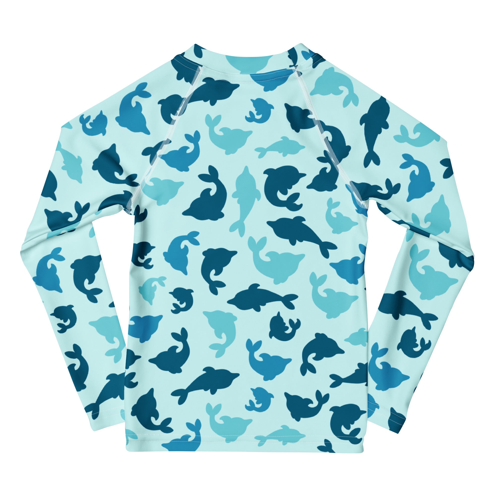 Kids blue dolphin long sleeve rash guard swim shirt with UPF 50 plus featuring playful dolphin pattern