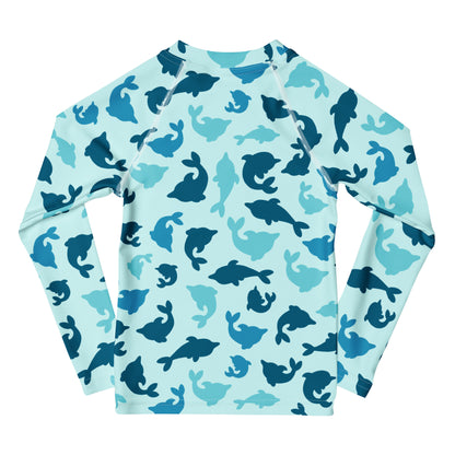 Kids Blue Dolphin Long Sleeve Rash Guard Swim Shirt With UPF 50+