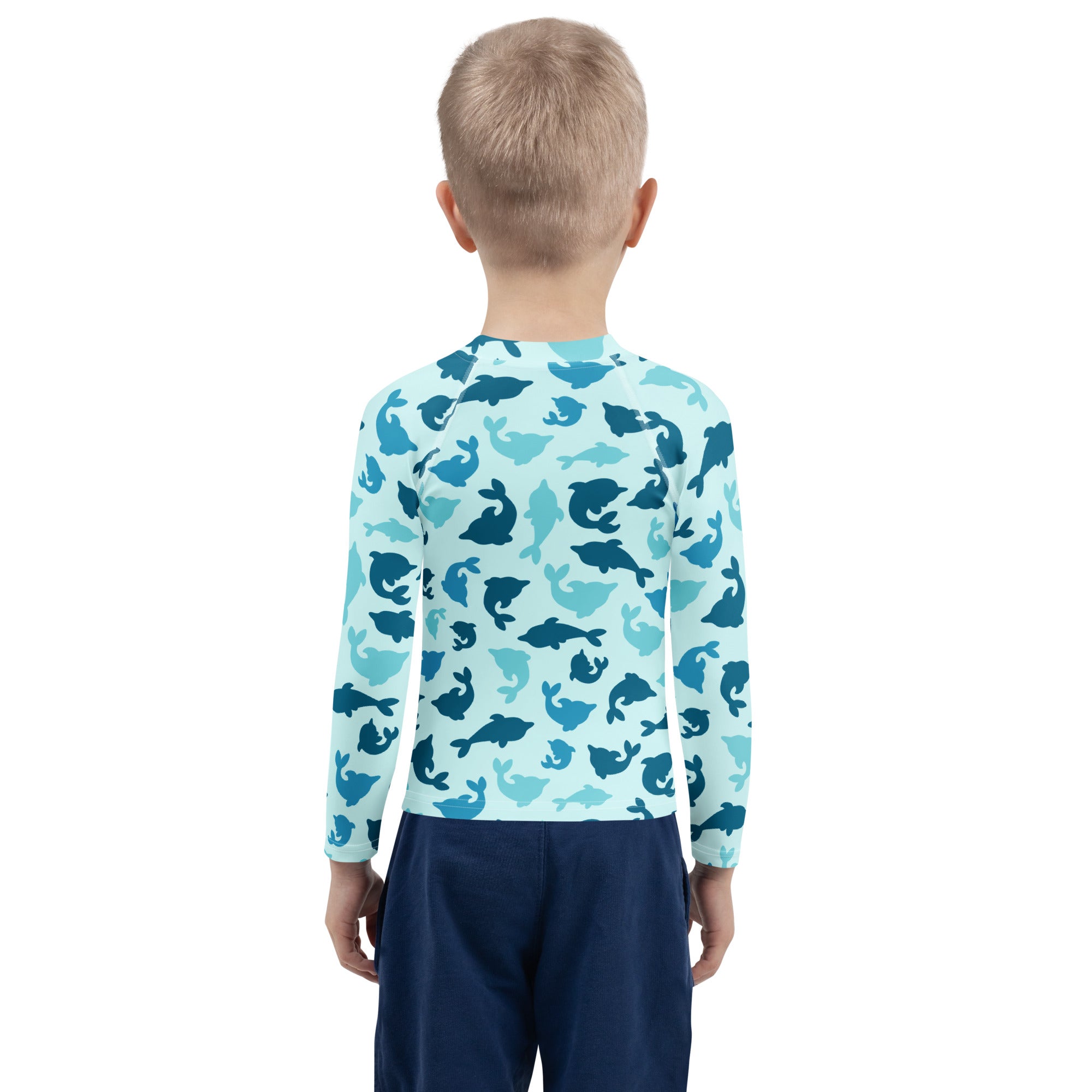 Kids blue dolphin long sleeve rash guard swim shirt with upf 50 plus featuring playful dolphin silhouettes pattern