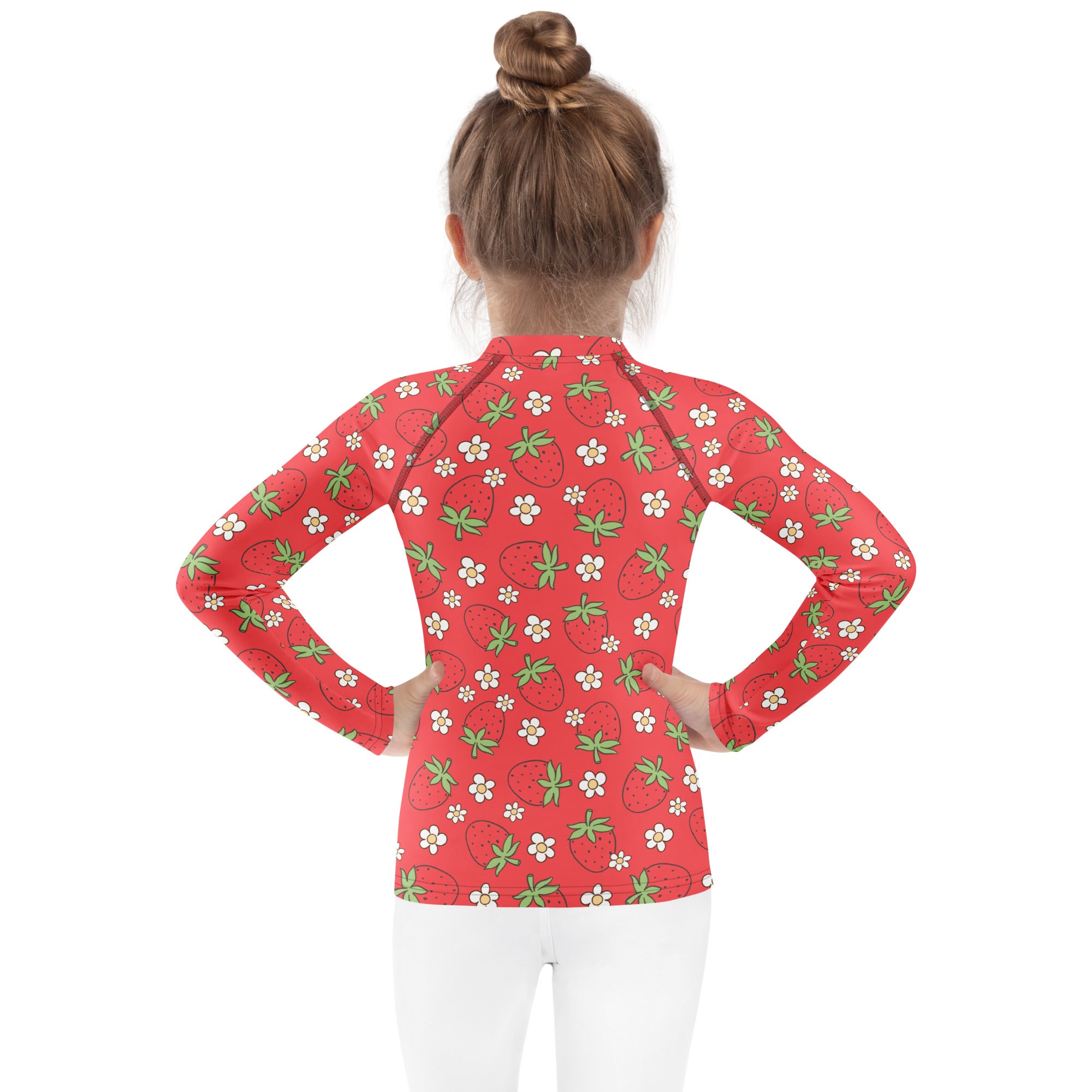 Kids red long sleeve rash guard swim shirt with playful strawberries and white flowers pattern and upf 50+ protection