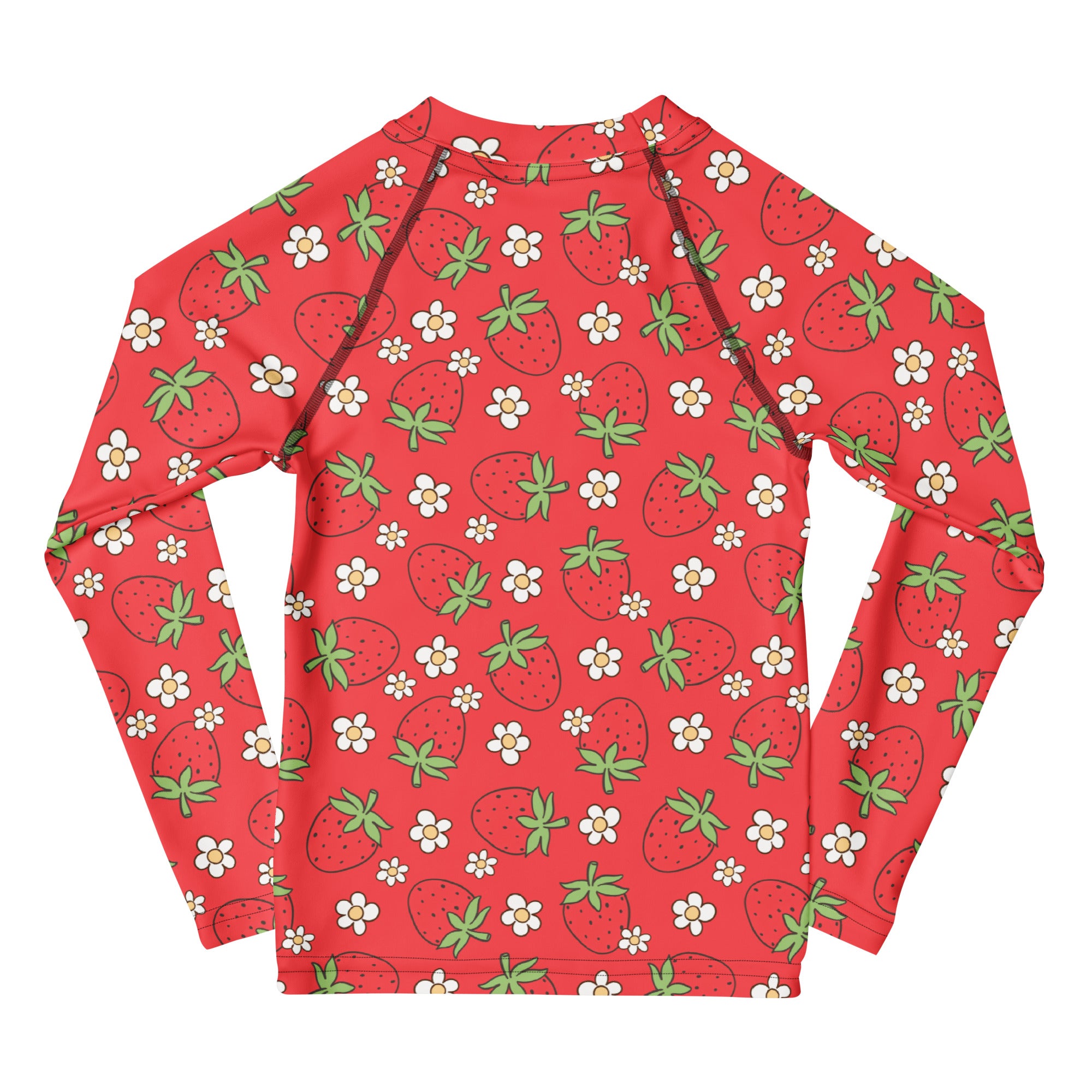 Kids red long sleeve rash guard swim shirt with playful cartoon strawberries and white flowers with upf 50 plus protection