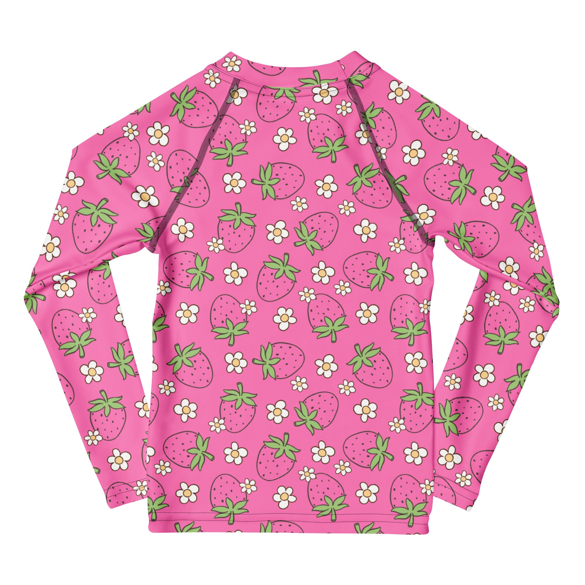 Girls pink long sleeve rash guard swim shirt with upf 50 plus featuring playful strawberry and white flower pattern