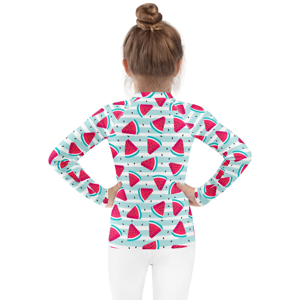Kids long sleeve rash guard swim shirt with red watermelon pattern white stripes light teal with UPF 50+ sun protection