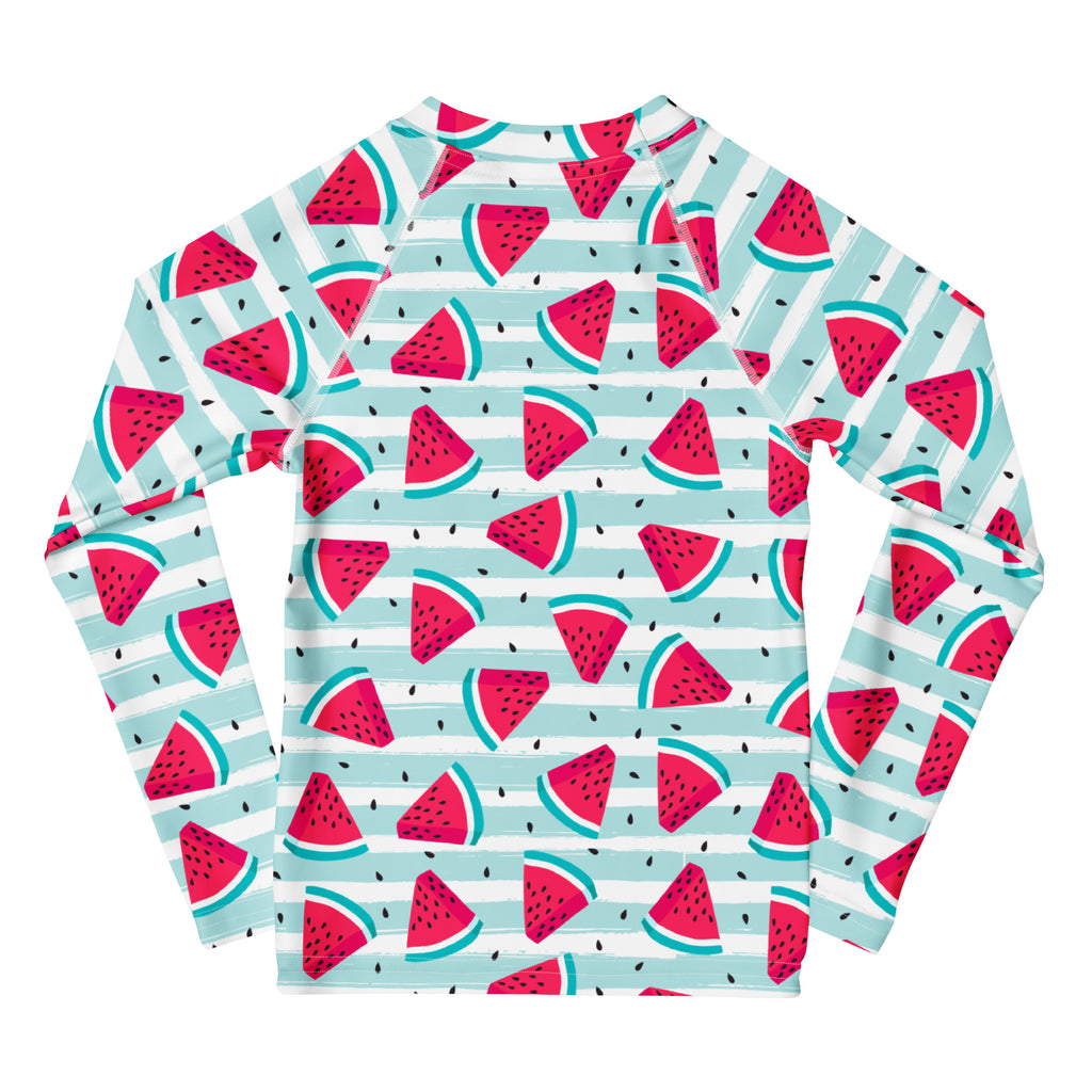 Kids striped watermelon long sleeve rash guard swim shirt with UPF 50 plus featuring red watermelon slices on blue stripes