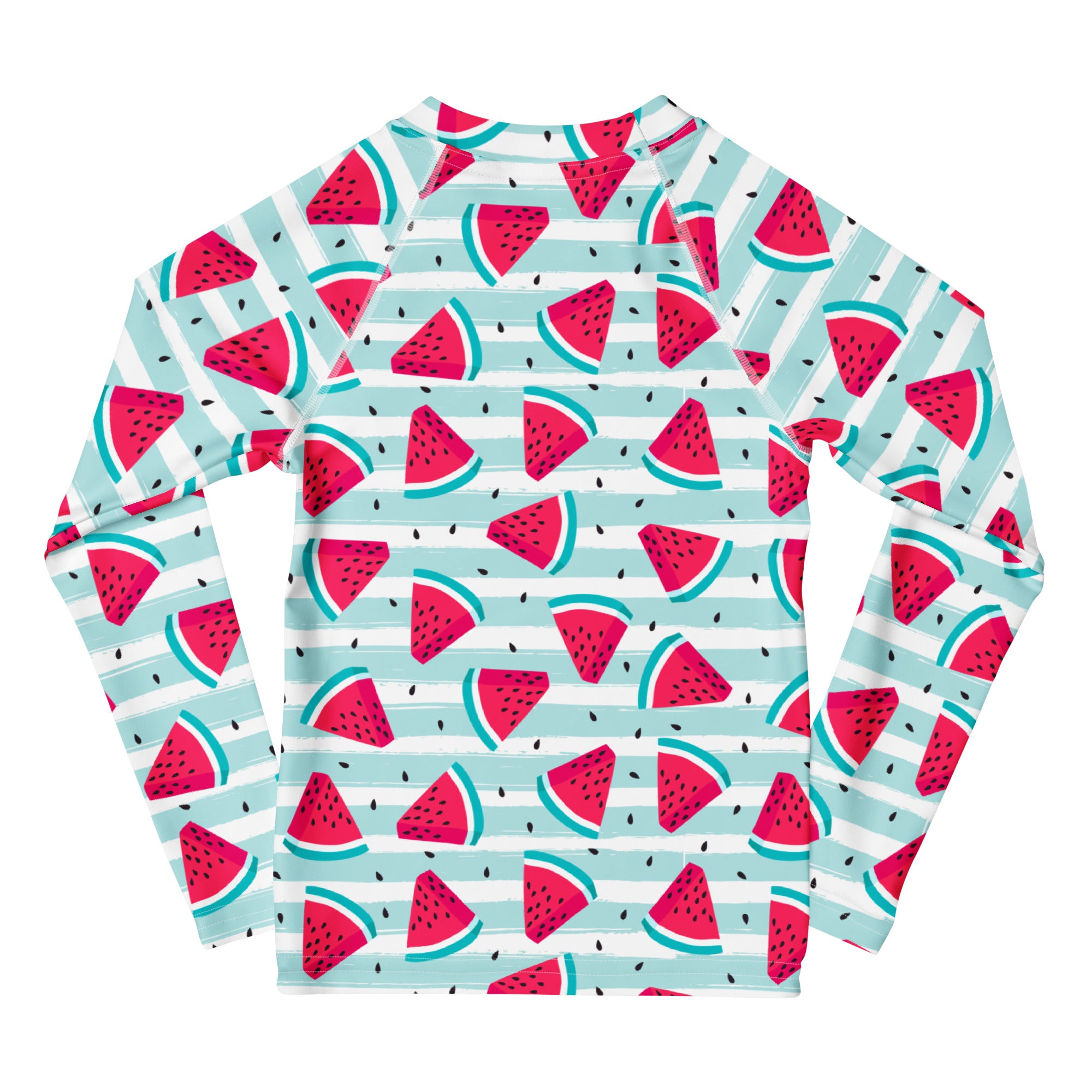 Kids striped watermelon long sleeve rash guard swim shirt with UPF 50 plus featuring red watermelon slices on blue stripes