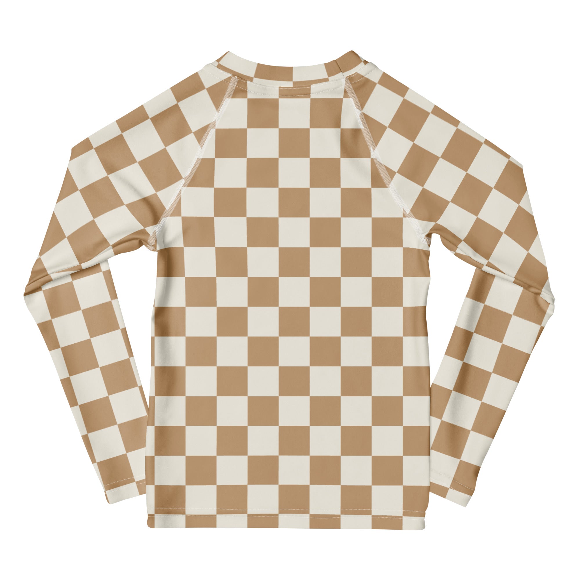 Kids sand checkerboard long sleeve rash guard in beige and cream with upf 50 plus for sun protection
