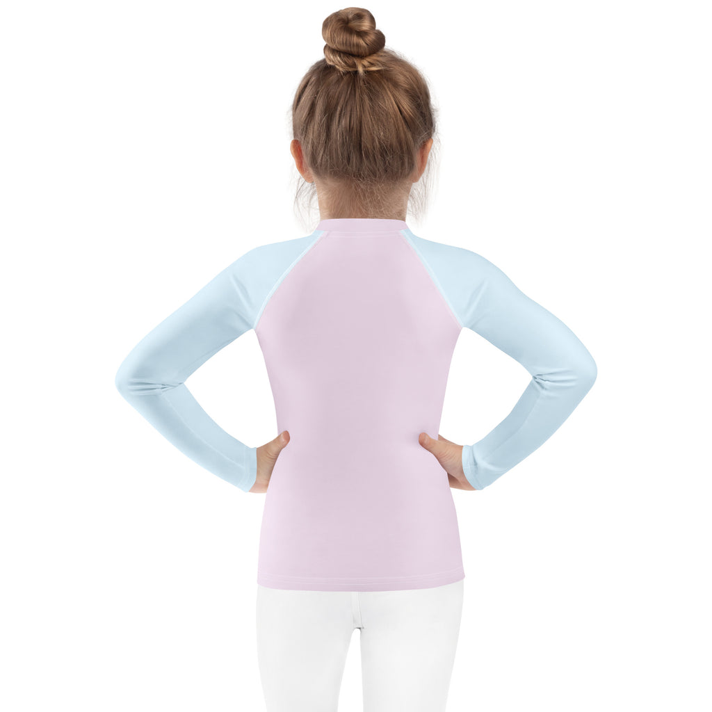 Girls pink and blue cotton candy long sleeve rash guard swim shirt with raglan sleeves and UPF 50 plus cotton