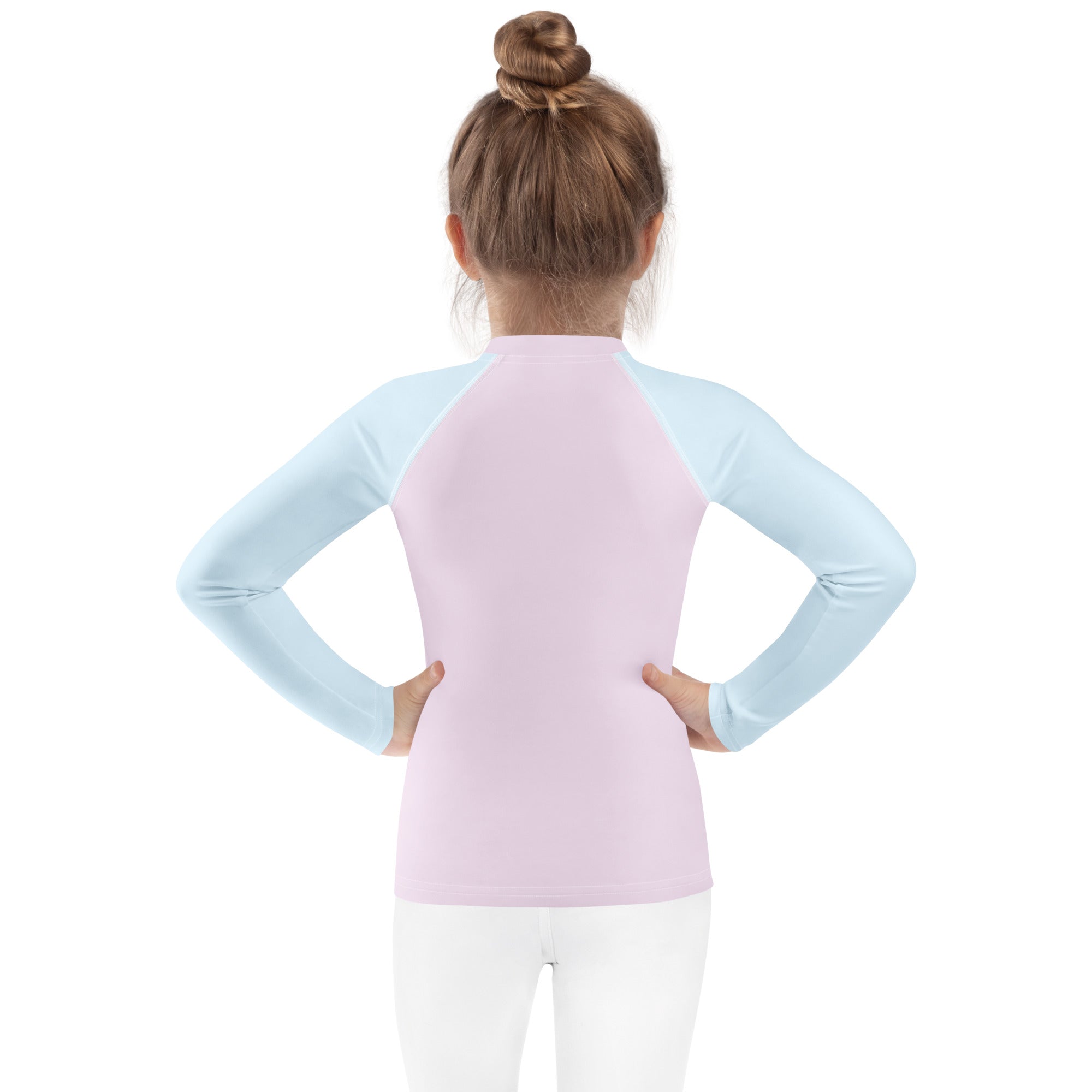 Girls pink and blue cotton candy long sleeve rash guard swim shirt with raglan sleeves and UPF 50 plus cotton
