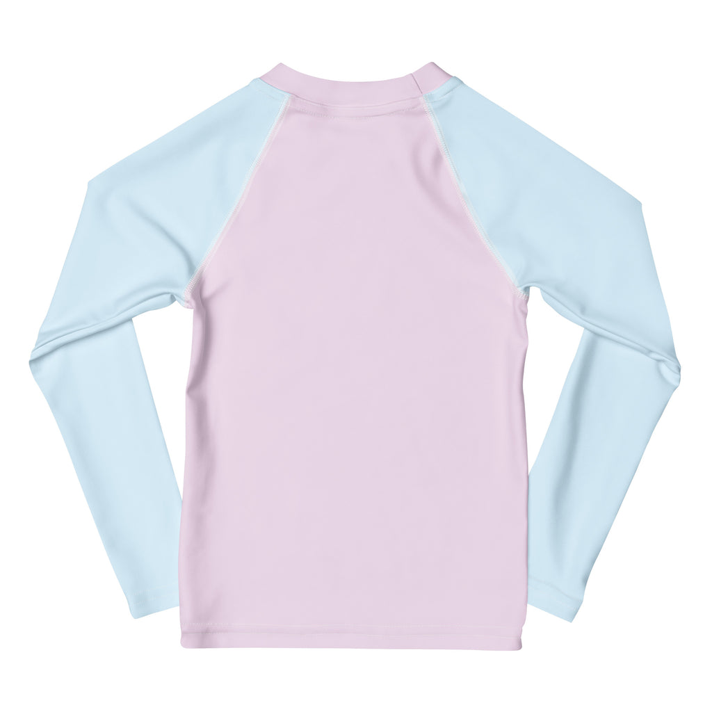 Girls pink and blue cotton candy long sleeve rash guard swim shirt with raglan sleeves made of cotton with UPF 50+
