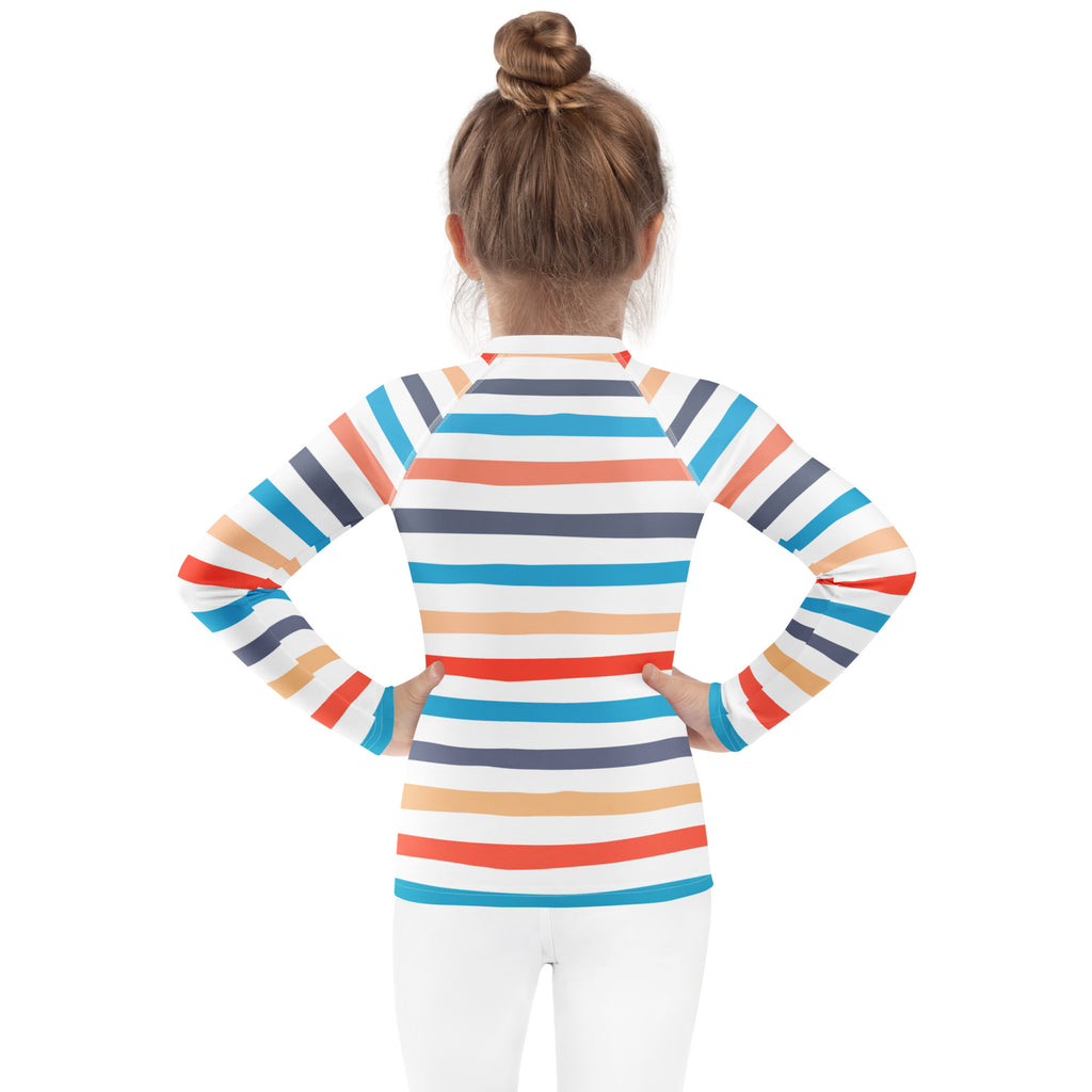 Kids coastal stripes long sleeve rash guard swim shirt with upf 50 plus featuring bold orange blue teal and navy stripes on white
