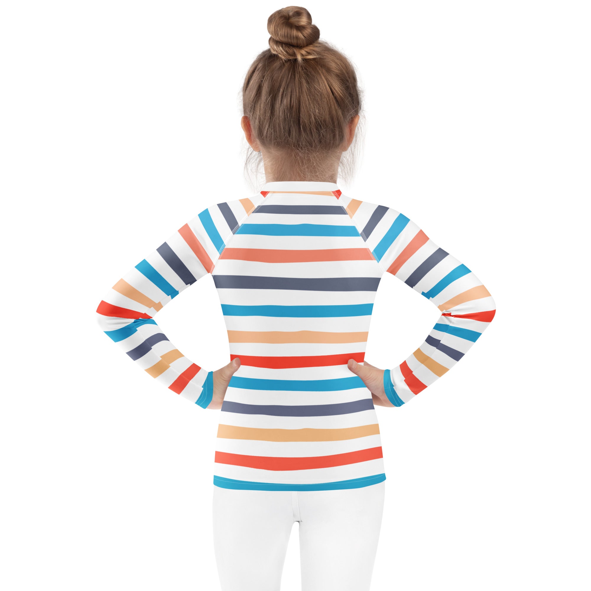 Kids coastal stripes long sleeve rash guard swim shirt with upf 50 plus featuring bold orange blue teal and navy stripes on white