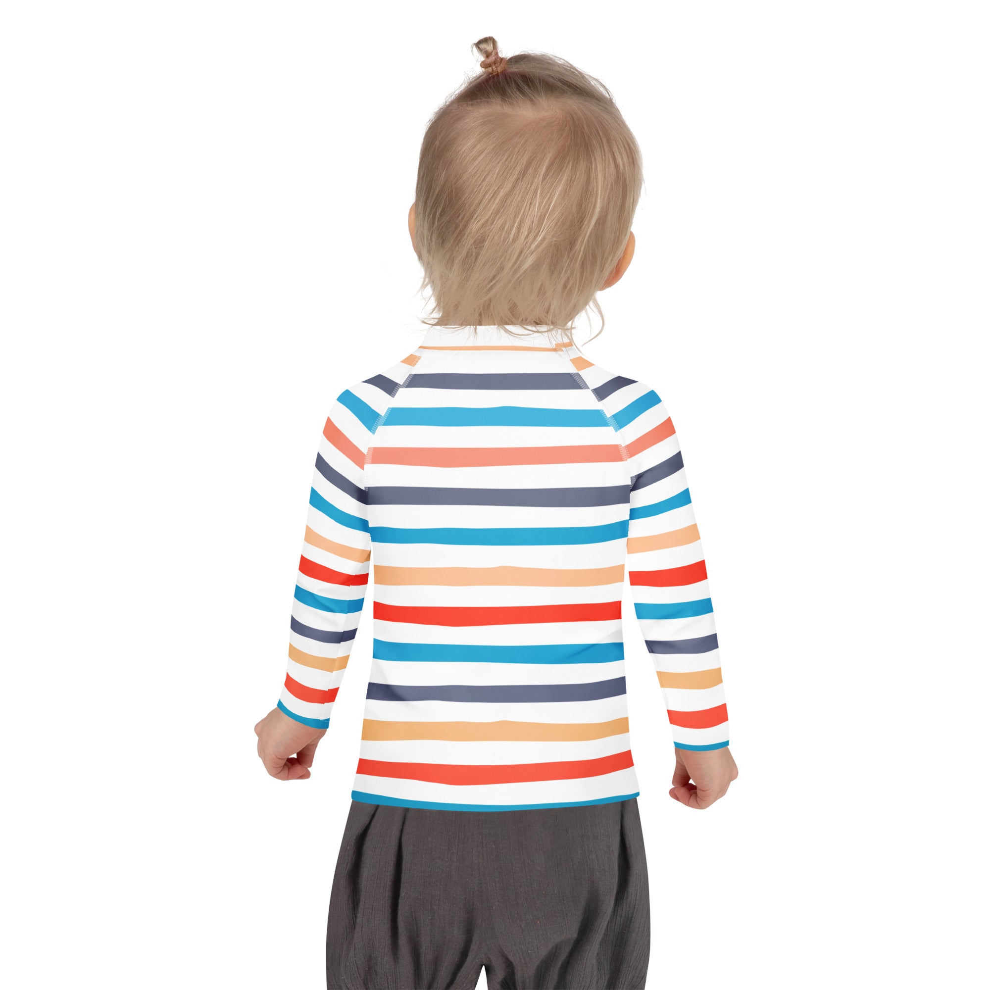 A child wearing a kids coastal stripes long sleeve rash guard swim shirt with UPF 50 plus in white blue orange and gray stripes