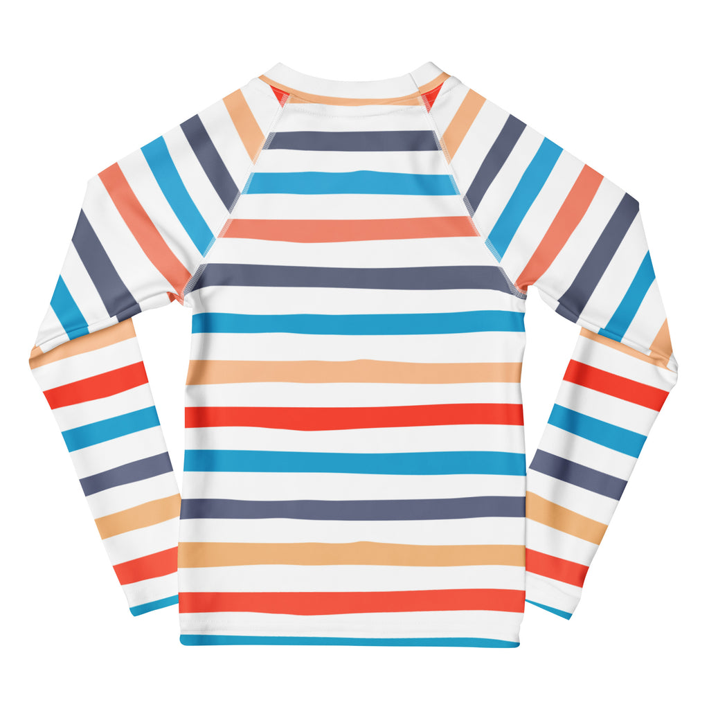 A kids coastal stripes long sleeve rash guard swim shirt with upf 50 plus featuring bold white coral teal and navy stripes