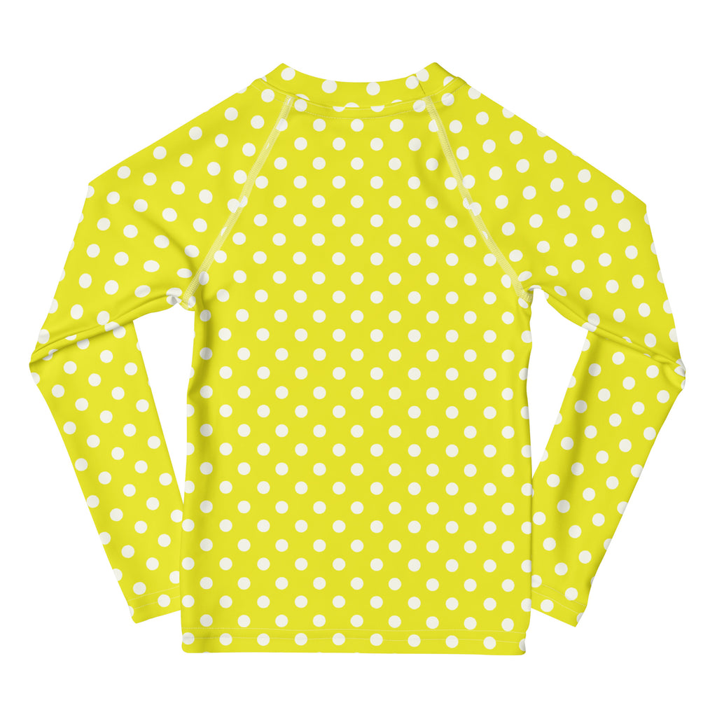 Kids yellow long sleeve rash guard swim shirt with white polka dots and upf 50 plus sun protection