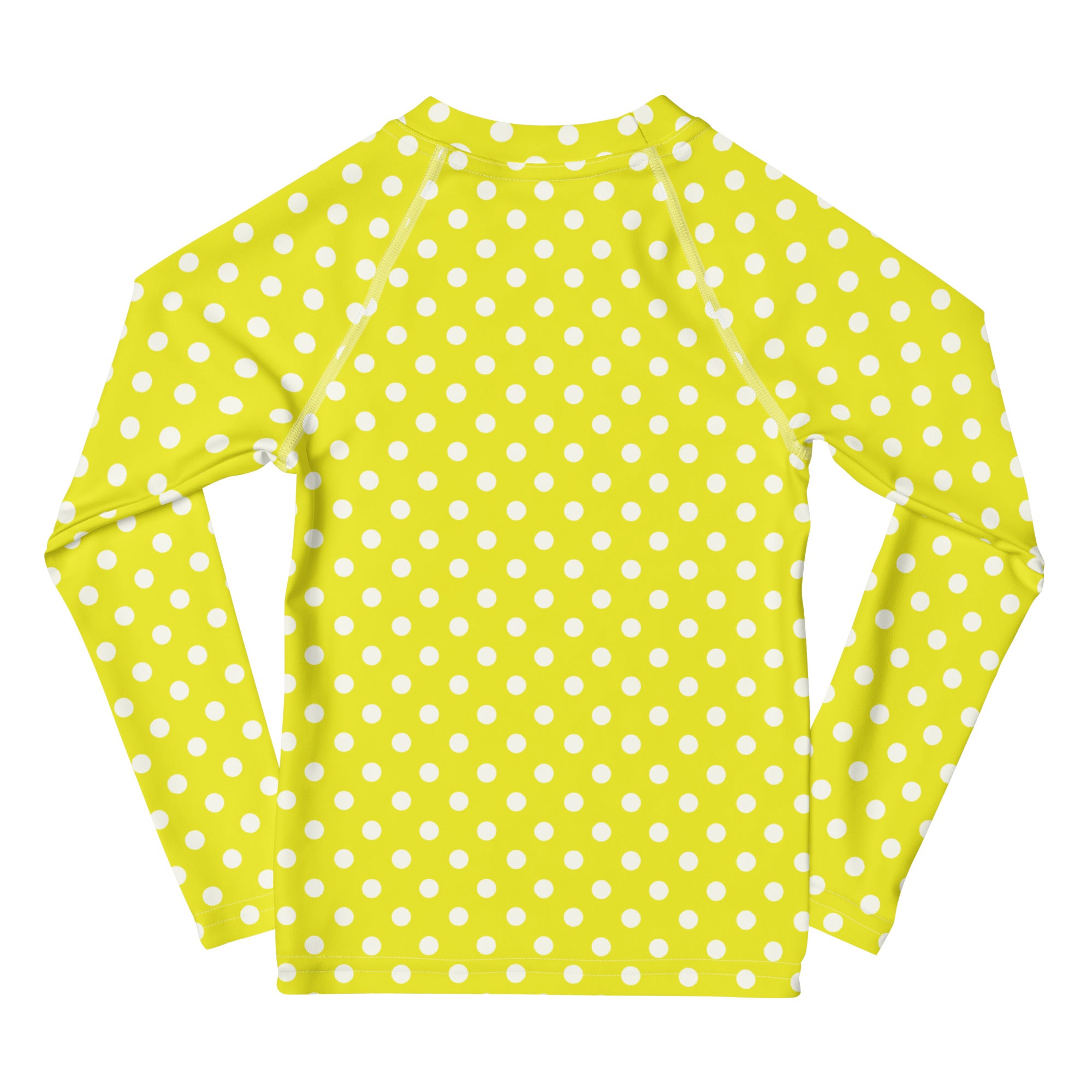 Kids yellow long sleeve rash guard swim shirt with white polka dots and upf 50 plus sun protection