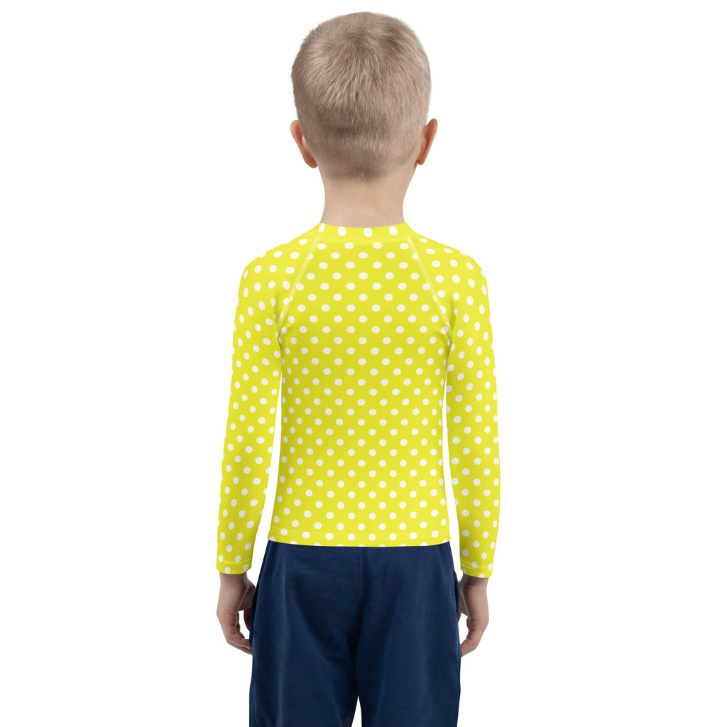 Kids yellow polka dots long sleeve rash guard swim shirt with UPF 50 plus sun protection and bright yellow fabric