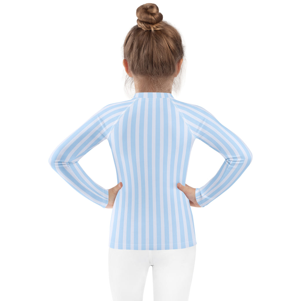 Kids blue striped long sleeve rash guard swim shirt with upf 50 plus featuring light blue and white vertical stripes and high collar