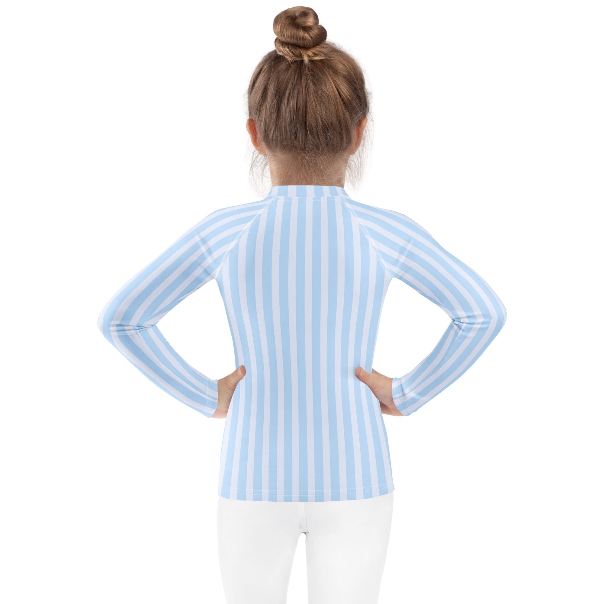 Kids blue striped long sleeve rash guard swim shirt with upf 50 plus featuring light blue and white vertical stripes and high collar