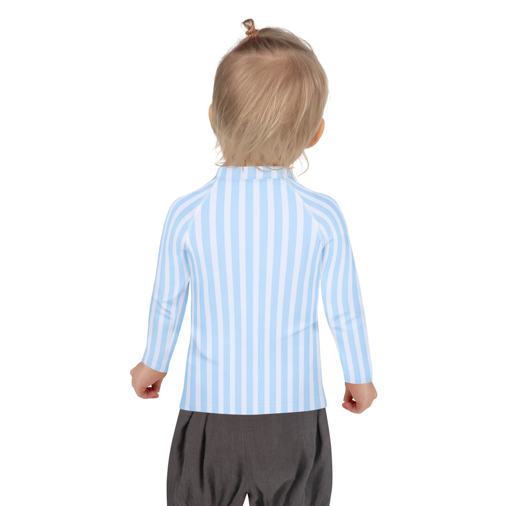 A child wearing a kids blue striped long sleeve rash guard swim shirt with UPF 50+ in light blue and white stripes