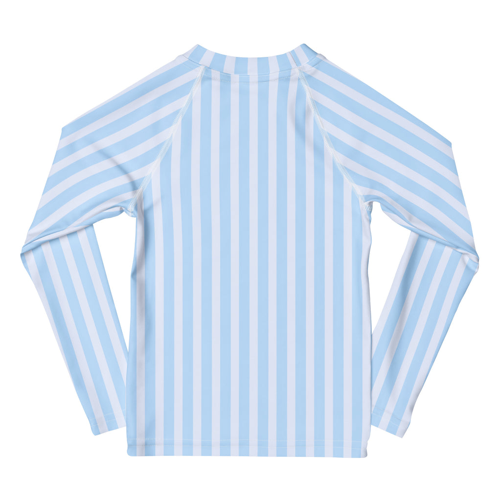 Kids blue striped long sleeve rash guard swim shirt with upf 50 plus featuring light blue and white vertical stripes