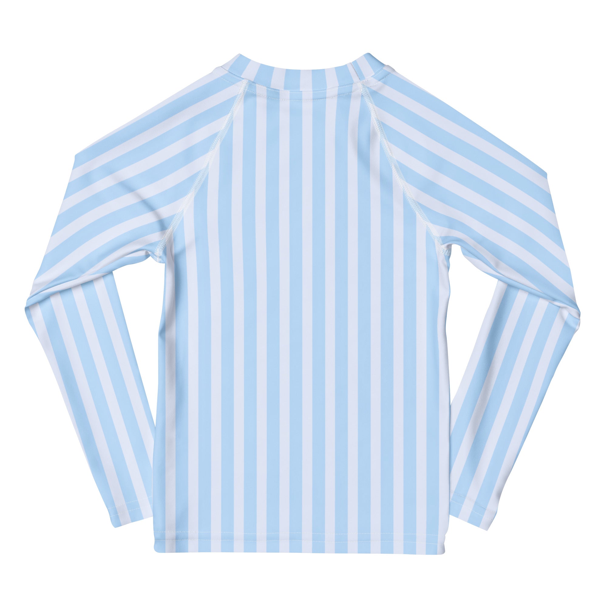 Kids blue striped long sleeve rash guard swim shirt with upf 50 plus featuring light blue and white vertical stripes