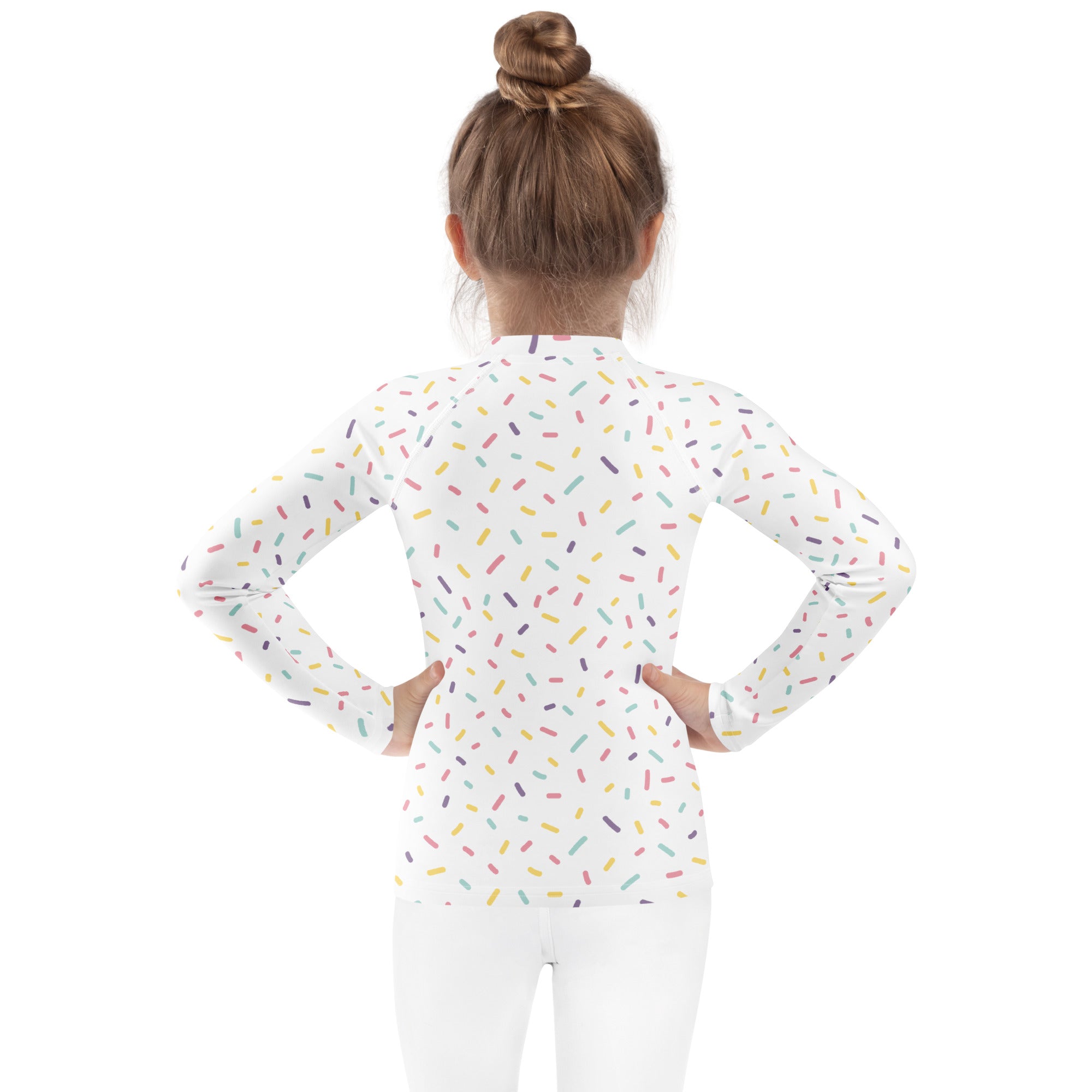 Kids colorful sprinkles long sleeve rash guard swim shirt with upf 50 plus white top with multicolored sprinkle pattern
