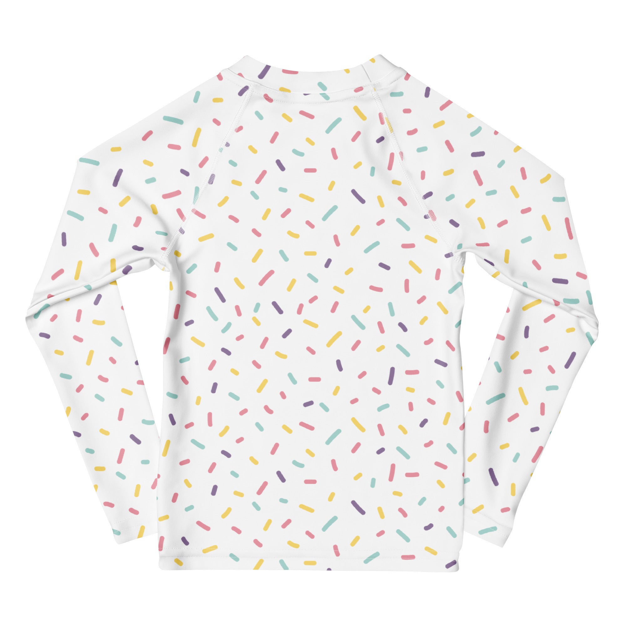 White long sleeve rash guard swim shirt with colorful pastel sprinkle pattern and UPF 50 plus sun protection for kids