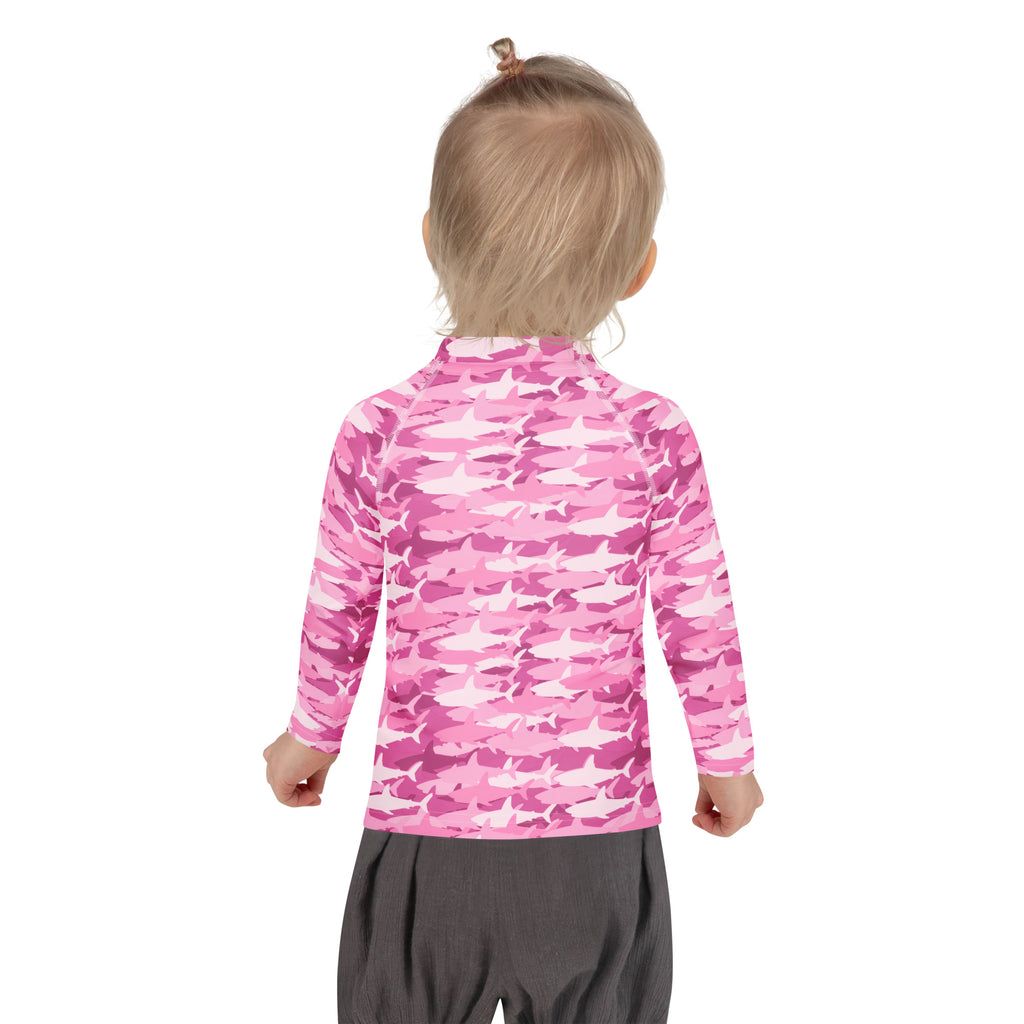 Girls pink and white shark camouflage long sleeve rash guard swim shirt with UPF 50 plus for sun protection