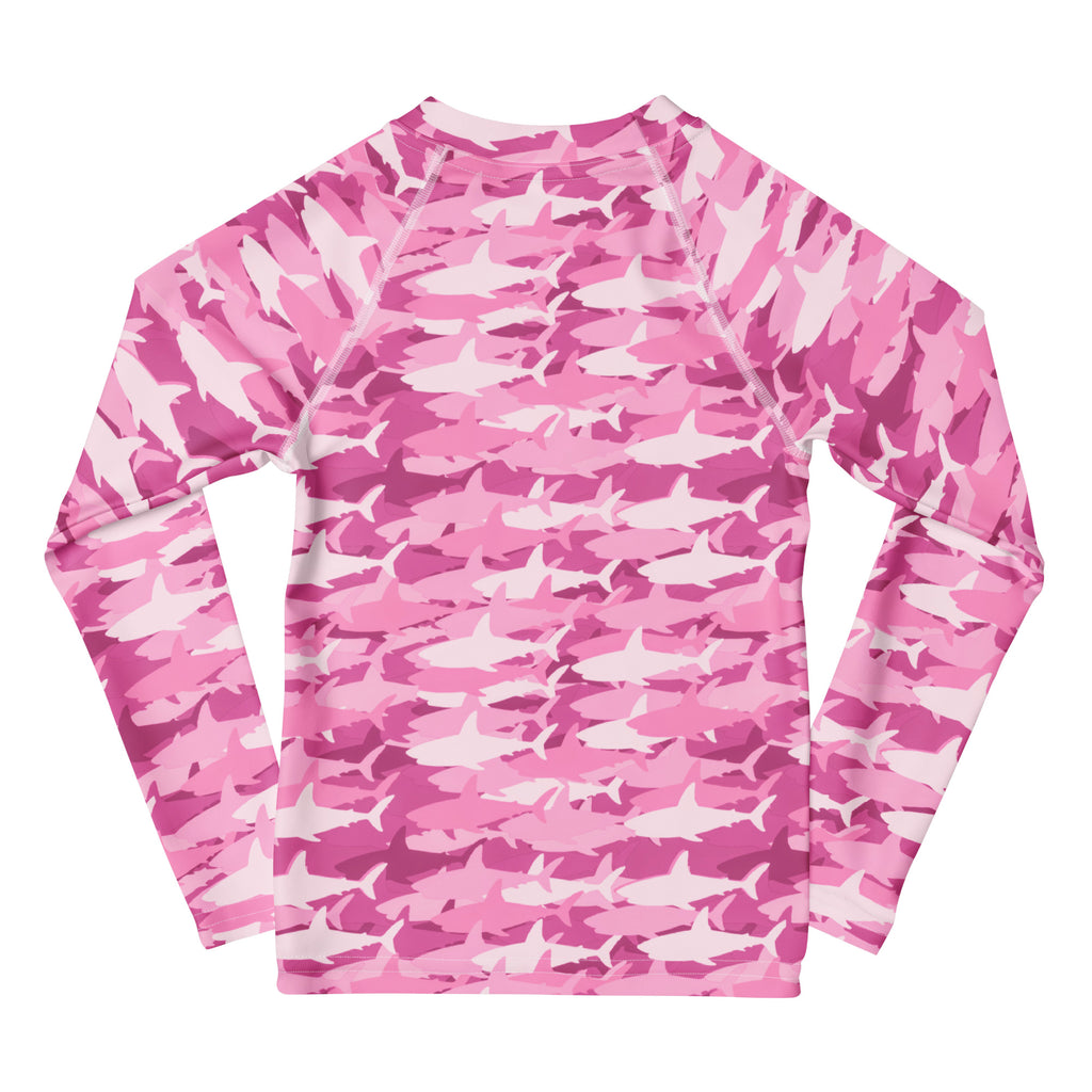 Girls pink shark long sleeve rash guard swim shirt with upf 50 plus featuring vibrant pink camouflage and white sharks