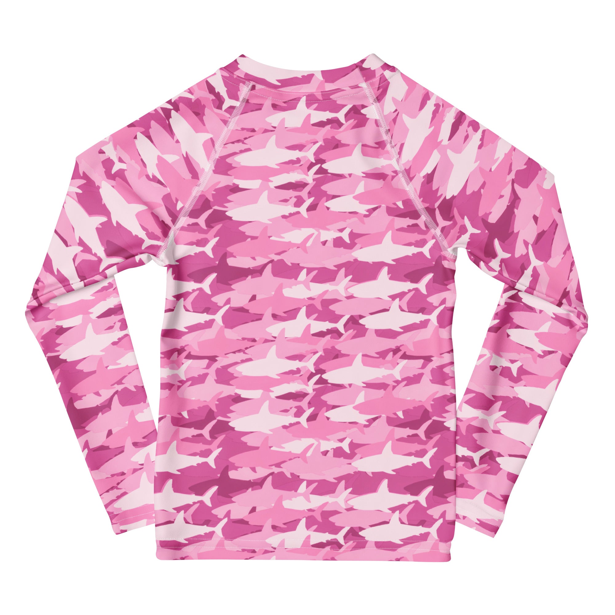 Girls pink shark long sleeve rash guard swim shirt with upf 50 plus featuring vibrant pink camouflage and white sharks