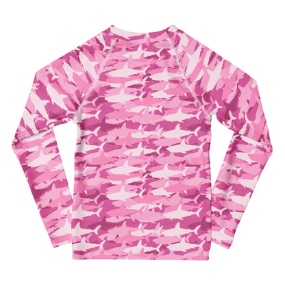 Girls Pink Shark Long Sleeve Rash Guard Swim Shirt With UPF 50+