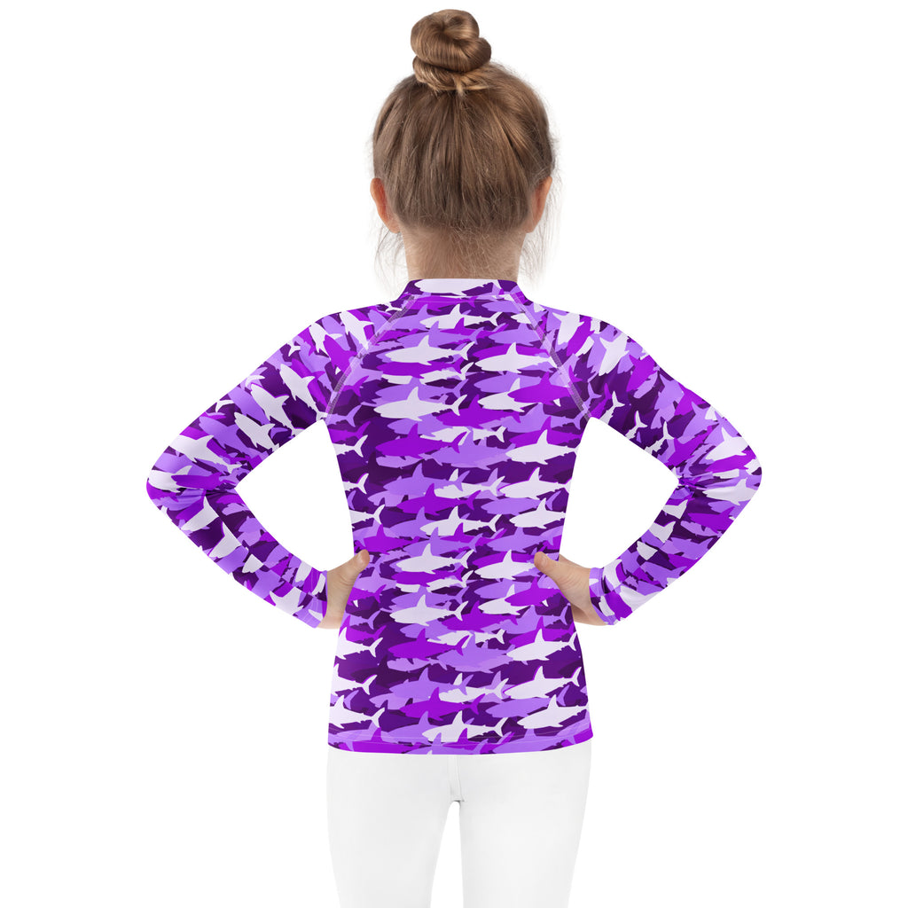 Girls purple and white shark camouflage long sleeve rash guard swim shirt with UPF 50 plus for sun protection