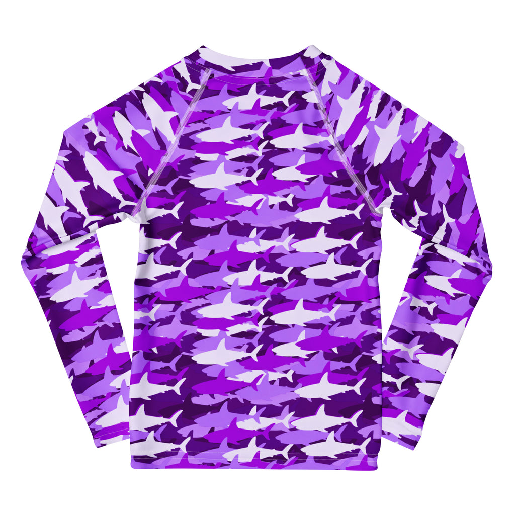 Girls purple shark long sleeve rash guard swim shirt with upf 50 plus featuring purple and white shark camouflage