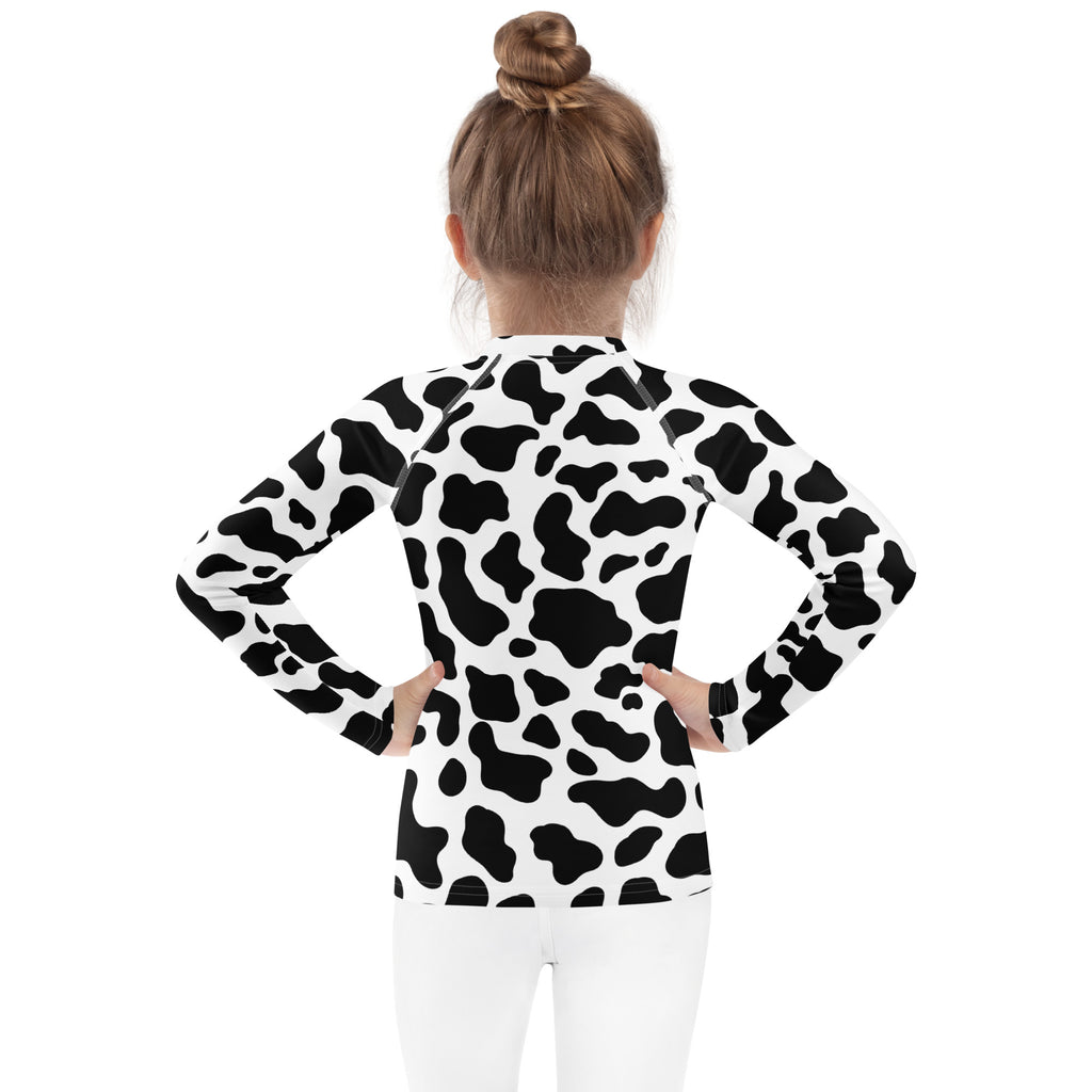 Kids cow print long sleeve rash guard swim shirt with upf 50 plus in black and white for sun protection