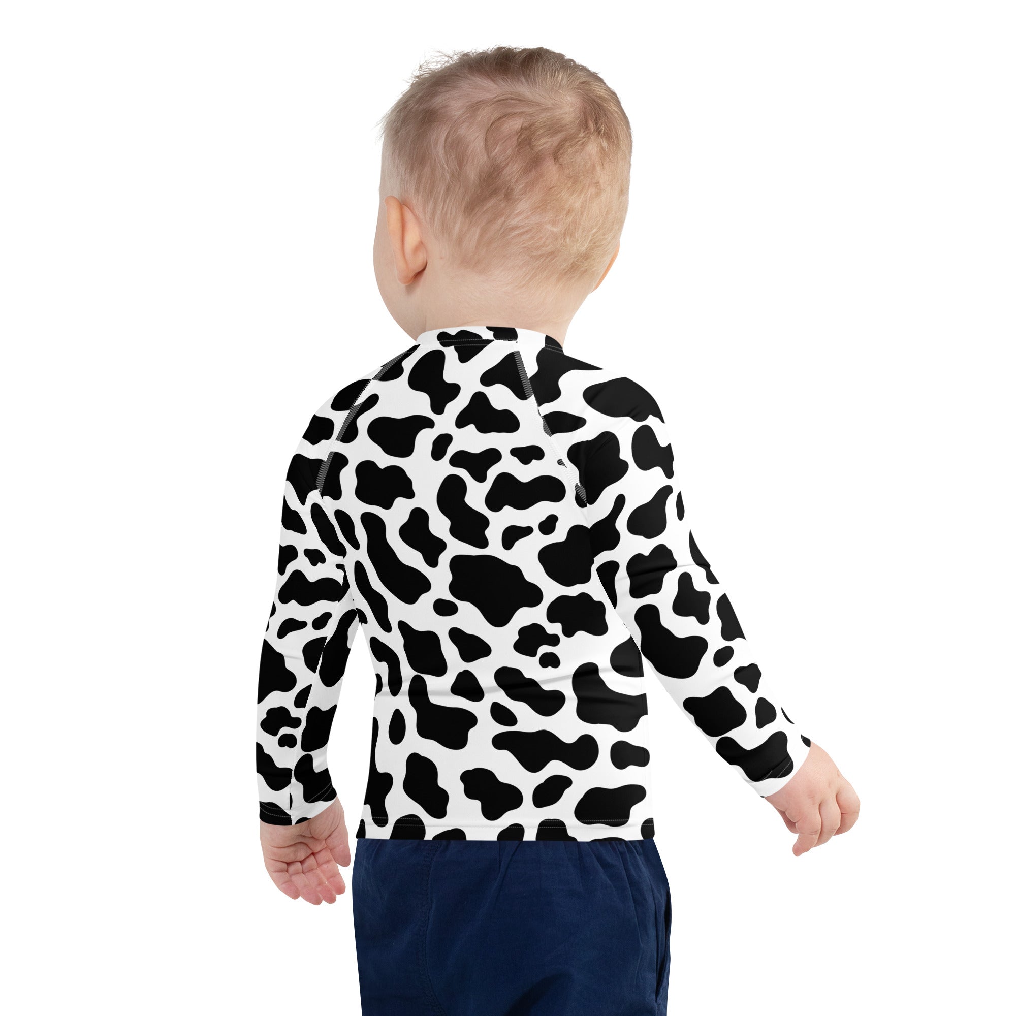 Kids cow print long sleeve rash guard swim shirt with upf 50 plus in black and white for sun protection