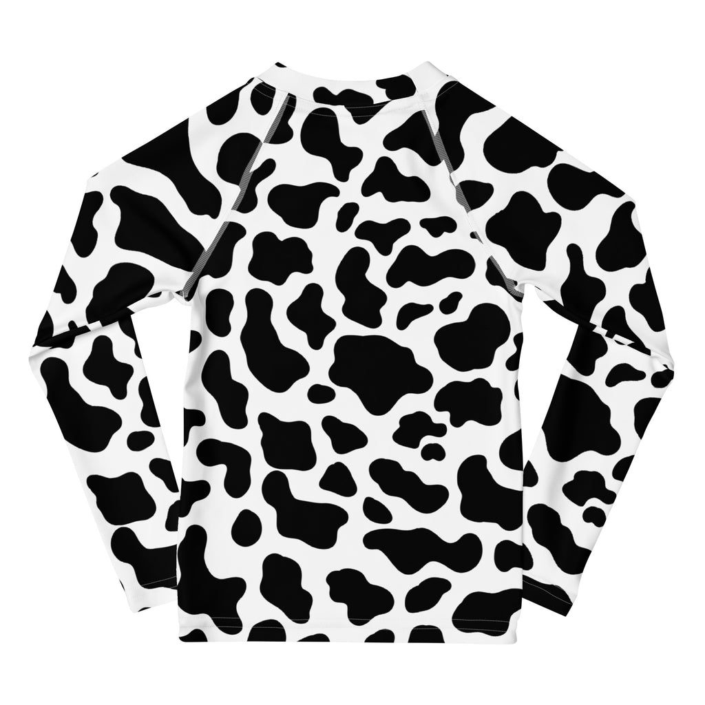 Kids cow print long sleeve rash guard swim shirt with upf 50 plus in black and white for sun protection