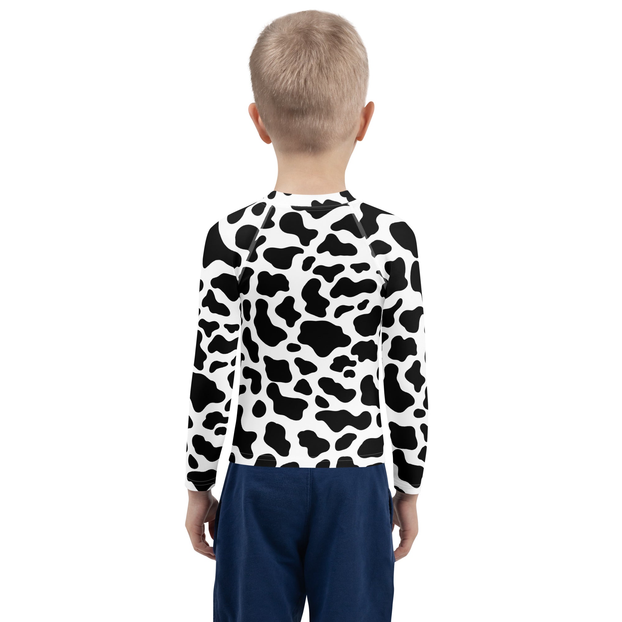 Kids cow print long sleeve rash guard swim shirt with upf 50 plus in black and white for sun protection