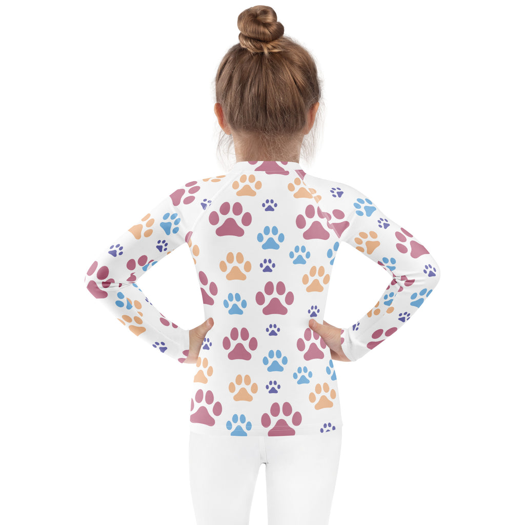 Kids Colorful Paw Print Long Sleeve Rash Guard Swim Shirt With UPF 50+