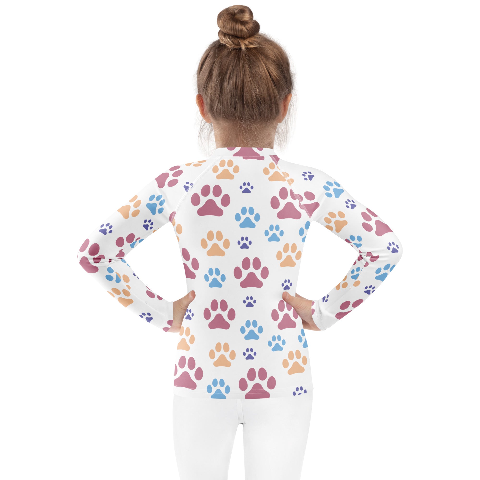 Kids Colorful Paw Print Long Sleeve Rash Guard Swim Shirt With UPF 50+