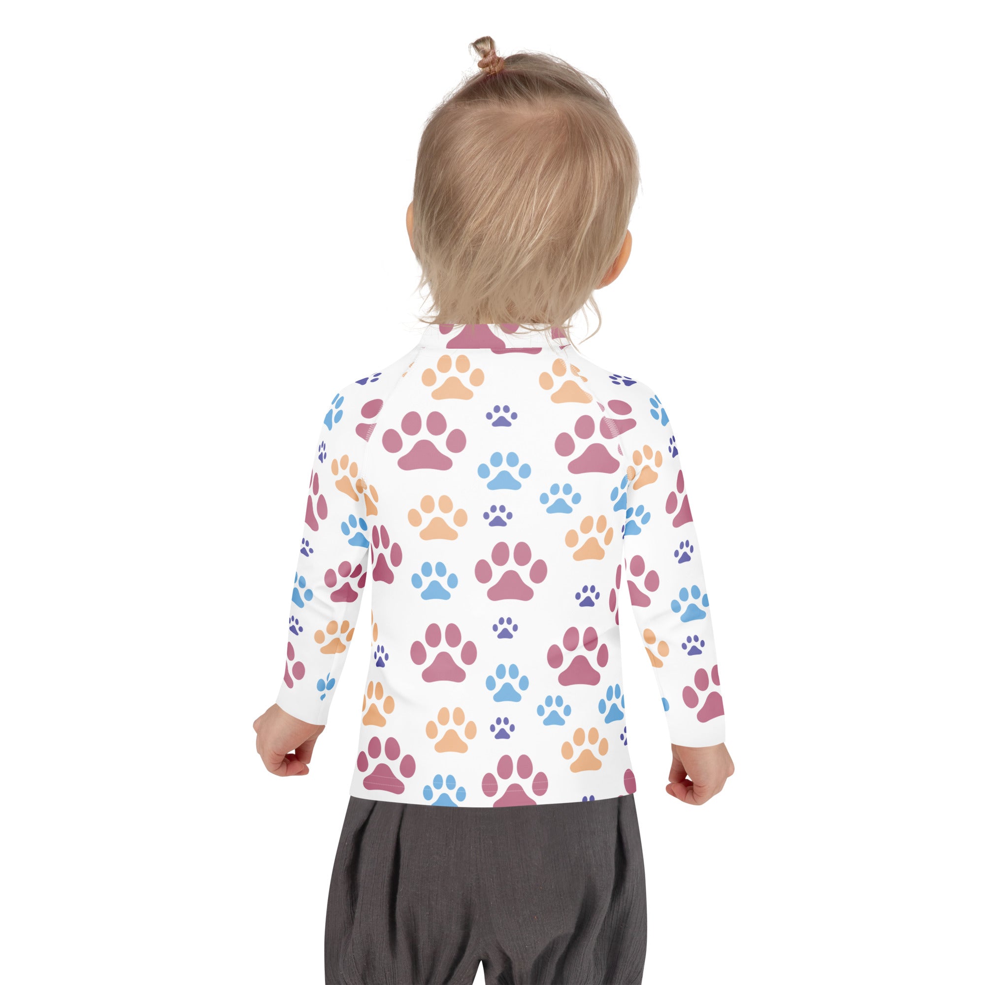 Kids Colorful Paw Print Long Sleeve Rash Guard Swim Shirt With UPF 50+