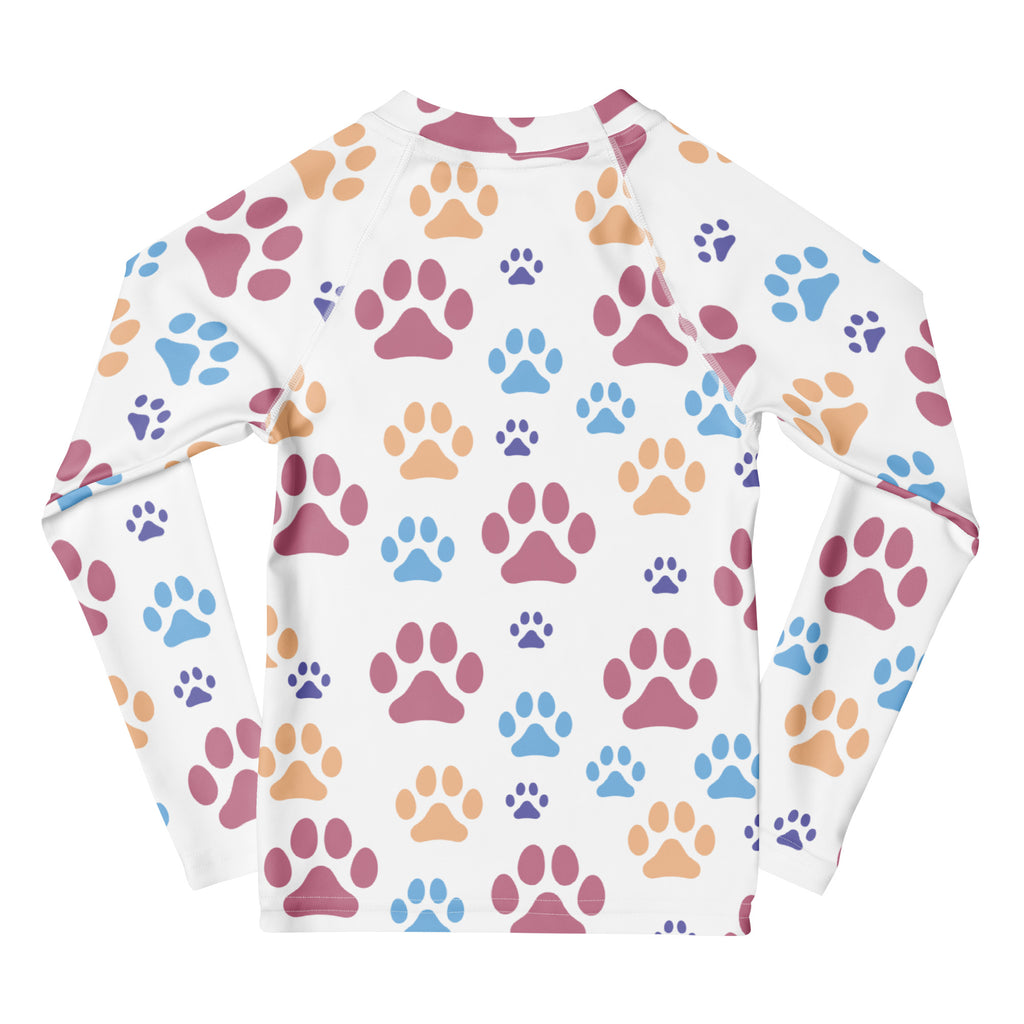 Kids Colorful Paw Print Long Sleeve Rash Guard Swim Shirt With UPF 50+