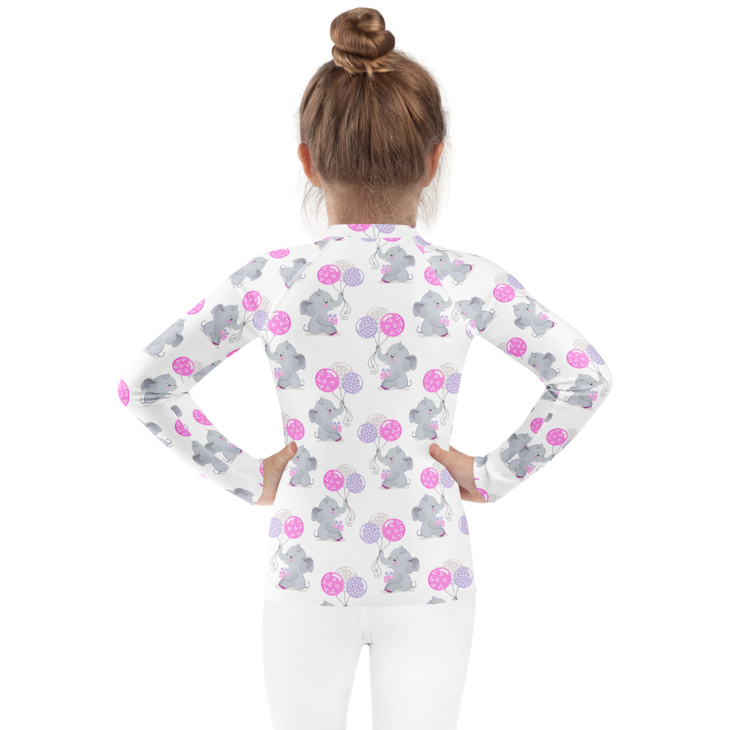 White girls long sleeve rash guard swim shirt with gray elephants holding pink and purple balloons upf 50+