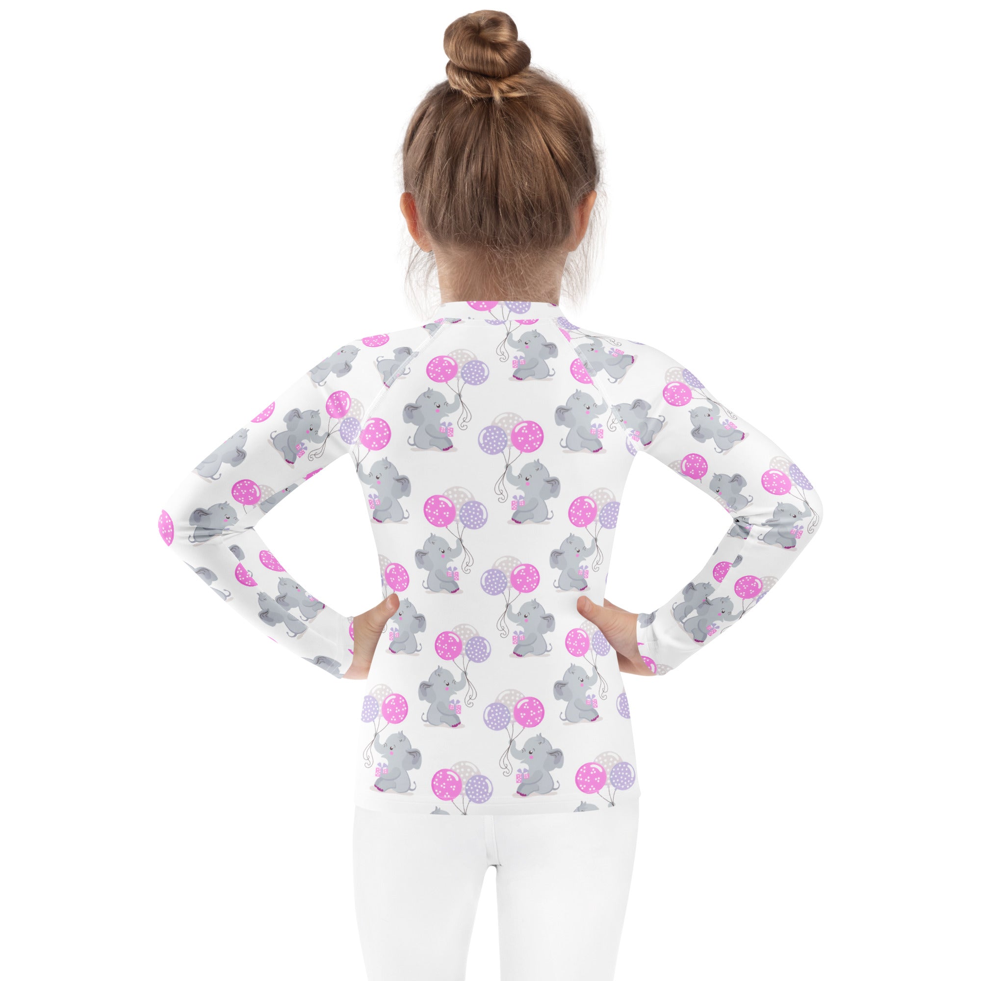 White girls long sleeve rash guard swim shirt with gray elephants holding pink and purple balloons upf 50+