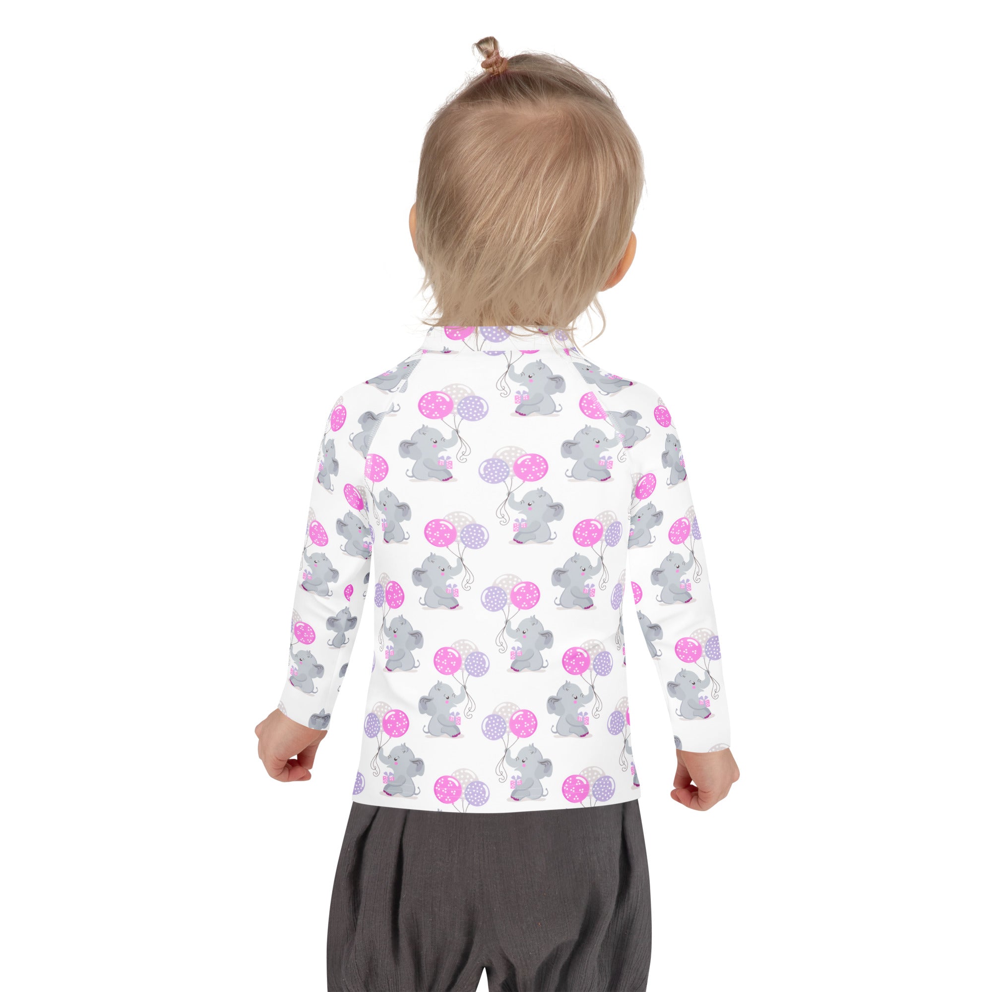White long-sleeved girls rash guard swim shirt with upf 50 plus featuring gray elephants and pink purple balloons