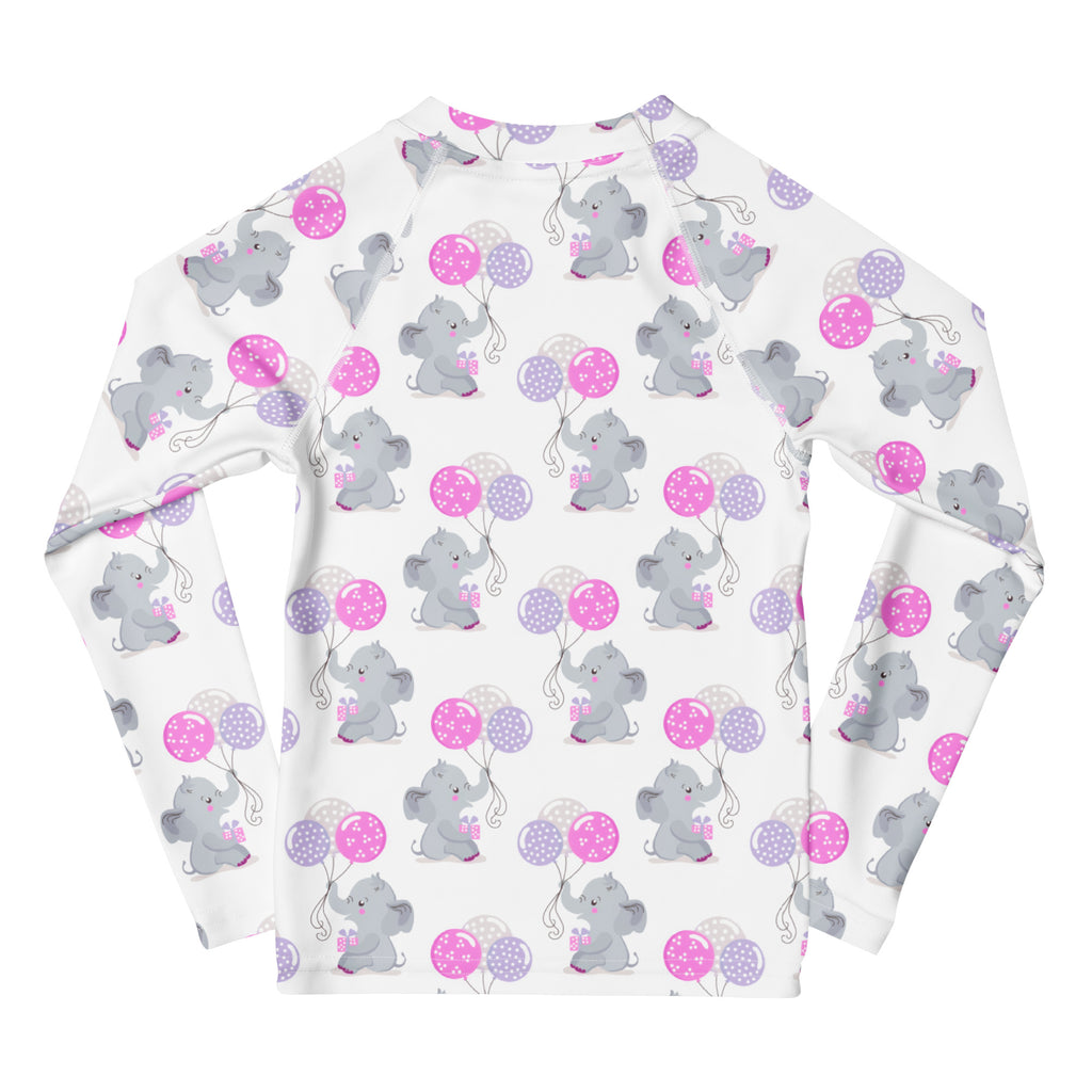 White long sleeve girls rash guard swim shirt with upf 50 plus featuring gray cartoon elephants and colorful balloons