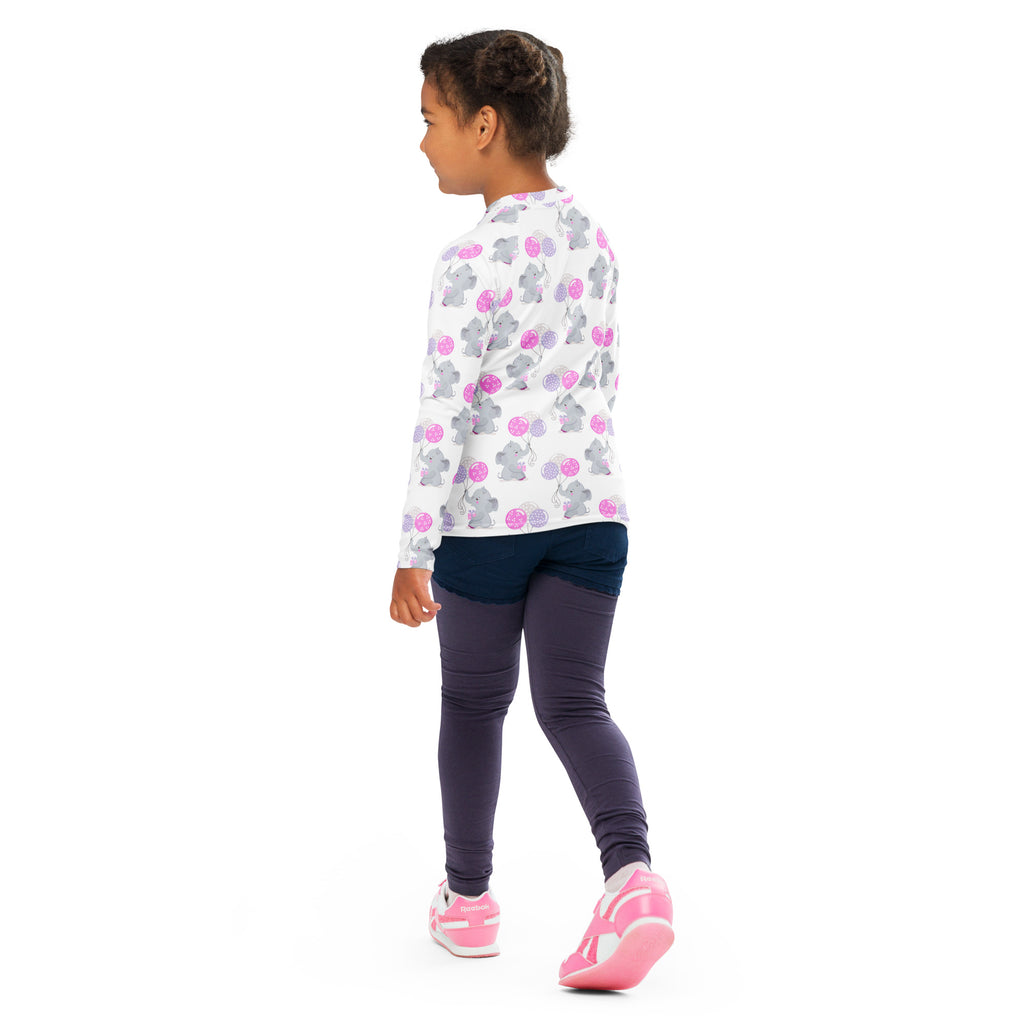 White long-sleeved girls rash guard swim shirt with gray elephant and pink balloon prints and upf 50+ protection